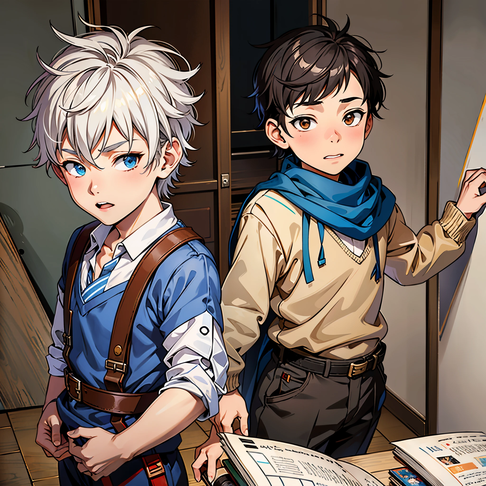 there are two boys orange and silver hair you are running playing having fun they love each other Boy and anime boy standing next to each other in a room, obra de arte al estilo de guweiz, akehiko inoue y ross tran, sakimichan y frank franzzeta, sirio a y sirio b, guweiz en artstation pixiv, guweiz en pixiv artstation, petros y leonidas, fanart de alta calidad