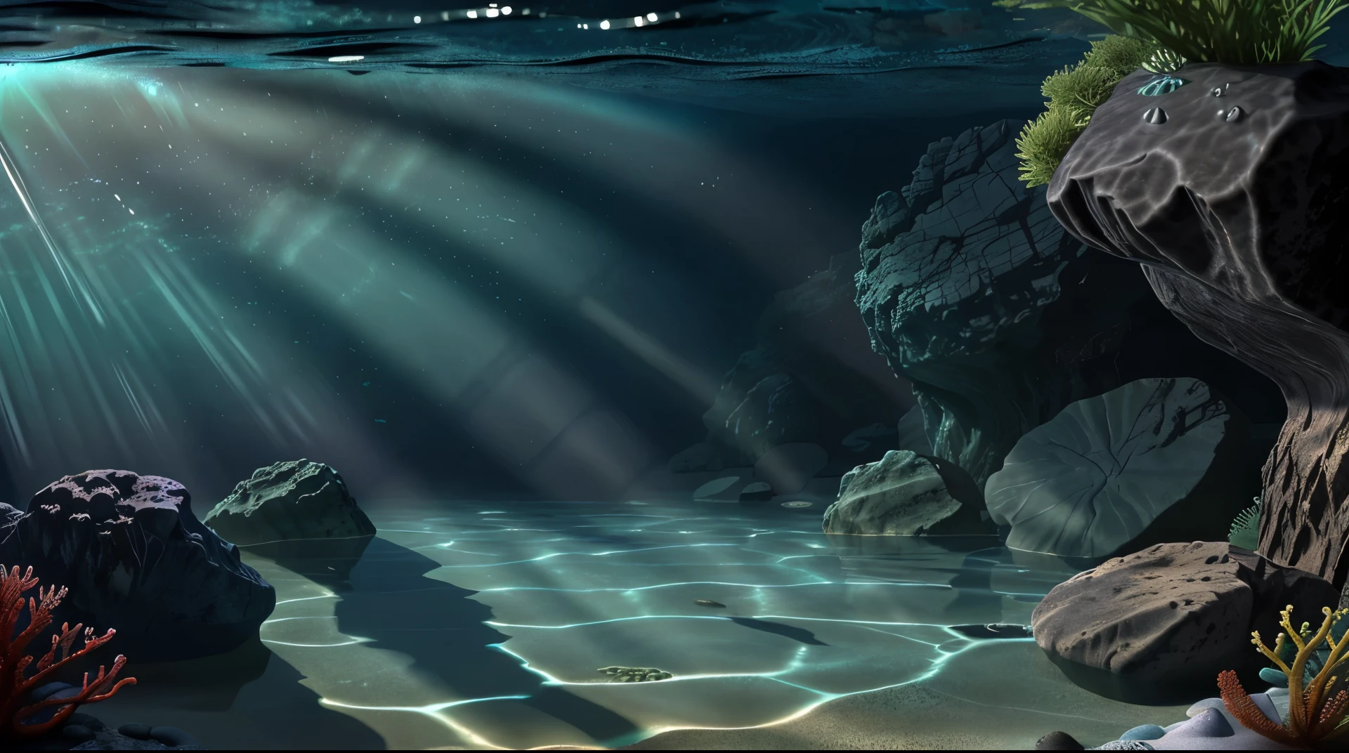 Cartoon of an underwater scene illuminated by sun rays penetrating the water surface creating a serene and vibrant atmosphere with various shades of blue in the water dark rocks in the background and foreground red green and purple sea plants and a piece of sand in the background