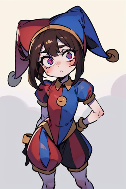 make a jester,Pomni,detaild eyes,shy,short hair,pale skin,red and blue gloves