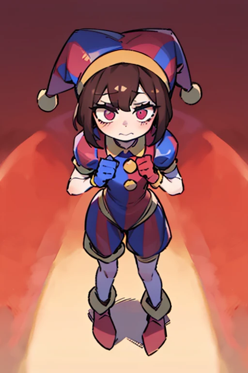 make a jester,Pomni,detaild eyes,shy,short hair,pale skin,red and blue gloves
