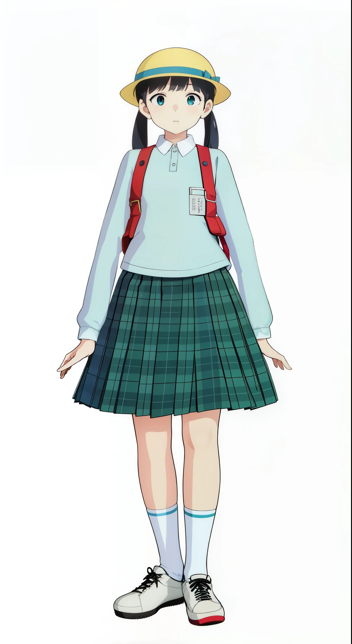 (white background:1.0), (best quality:1.0), (masterpiece:1.0), (super fine illustration:1.0), (beautiful artwork:1.0), (anime screencap:1.0), (official art:1.0), (full body:1.0), (solo:1.0), (ESGA:1.0), (a 12yo cute girl:1.0), (green tartan skirt:1.0), (pleated skirt:1.0), (aqua blue polo shirt:1.0), (long sleeve polo shirt:1.0), (sneakers:1.0), (white socks:1.0), (yellow hat:1.0), (red backpack:1.0), (ideal ratio body proportions:1.0), (lanky:1.0), (tall:1.0), (slender:1.0), (small breasts:1.0), (smaller face:1.0), (tareme:1.0), (detailed beautiful eyes:1.0), (detailed beautiful face:1.0), (glowing black eyes:1.0), (black hair:1.0), (low twintails:1.0), (standing:1.0), (looking at viewer:1.0)