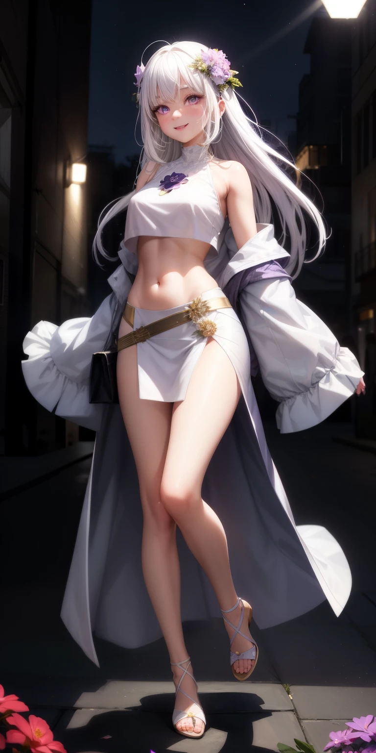actual, 1 girl, white hair, purple eyes, glowing eyes, crop top, skirt, open lips, blush, night, flowers, sun, sunlight, Full Length Shot(FLS)， Full Body, Smile，happy expression