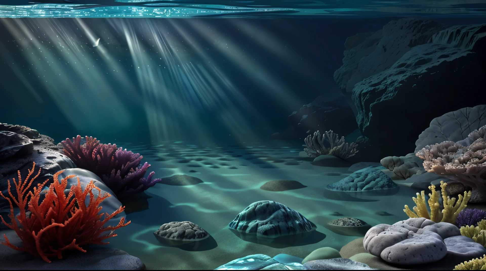Cartoon of an underwater scene illuminated by sun rays penetrating the water surface creating a serene and vibrant atmosphere with various shades of blue in the water dark rocks in the background and foreground red green and purple sea plants and a piece of sand in the background, colorido