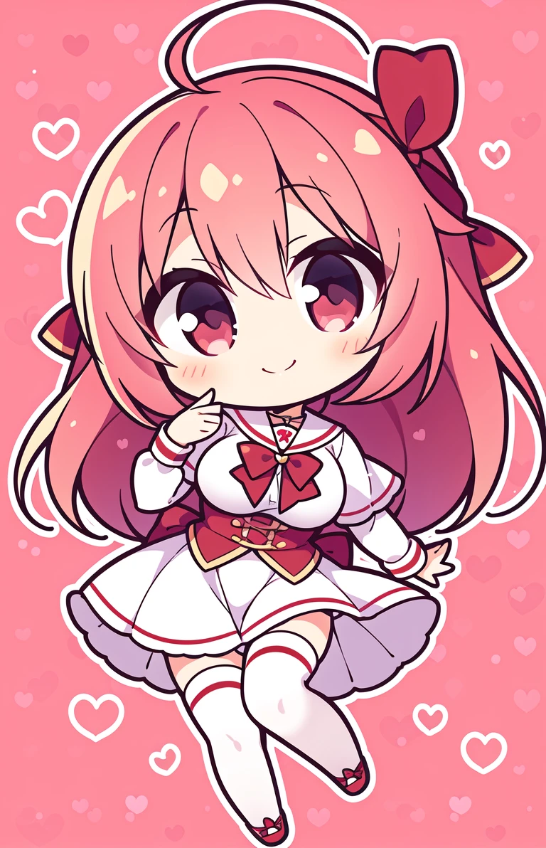 1girl, pink hair, heart ahoge, pink eyes, white stockings, red shoes, medium breasts, white blouse, red skirt, red bow, red hair ribbon, smiling, simple background
