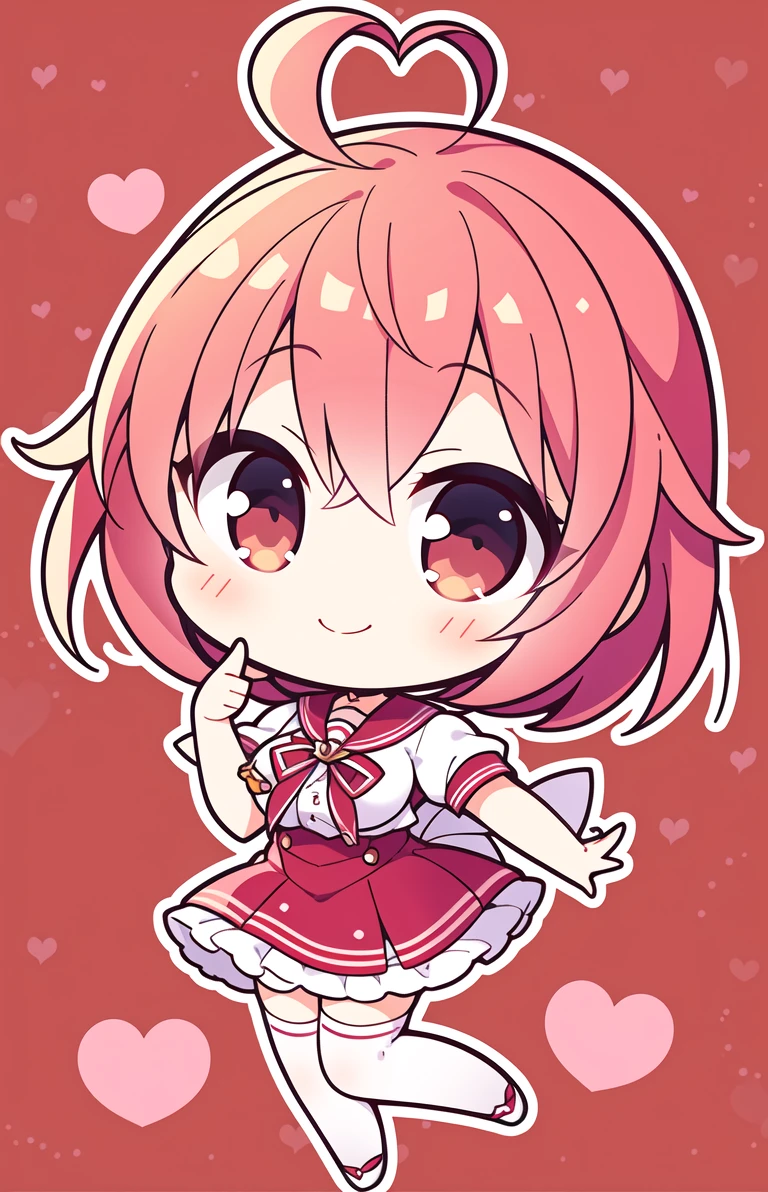 1girl, pink hair, heart ahoge, pink eyes, white stockings, red shoes, medium breasts, white blouse, red skirt, red bow, red hair ribbon, smiling, simple background