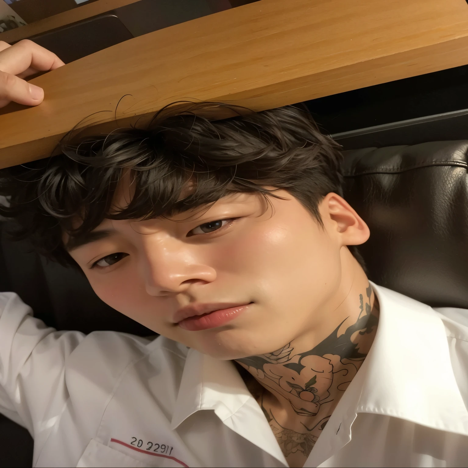 hay un hombre con un tatuaje en el cuello sentado en una silla, hong junio hyung, jeon jungkook, headshot foto de perfilture, foto de perfil, jeon jungkook, asian man, imagen de perfil, taken in the early 2020s, foto de perfilture 1024px, 22 years, hombre surcoreano, jeon jungkook