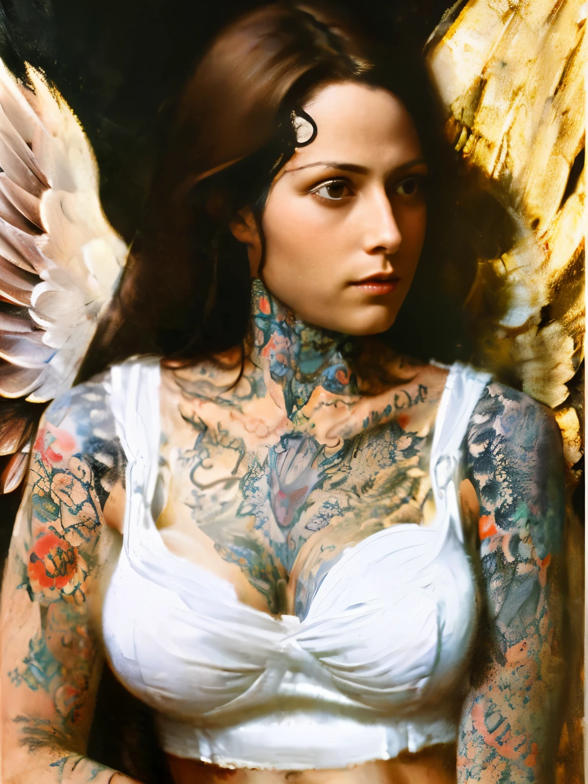 an angel, large breasts, cleavage, tattoos, portrait, style of Michael Parkes