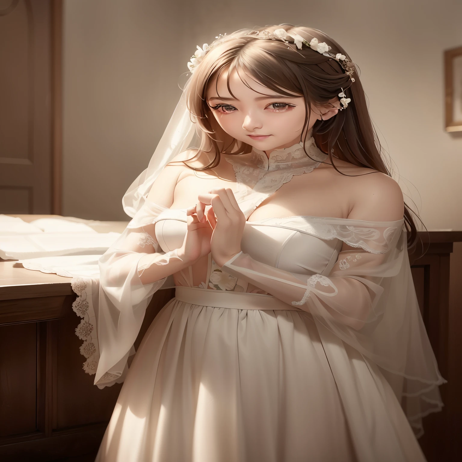 there is a woman in a wedding dress standing in a room, ethereal beauty, incredibly ethereal, very ethereal, ethereal and dreamy, a striking young ethereal figure, soft ethereal lighting, loish and uau, dreamy and ethereal, with ethereal light, Guweiz, godly and ethereal, Hanfu branco, uau |, atmosfera sonhadora, VESTIDO