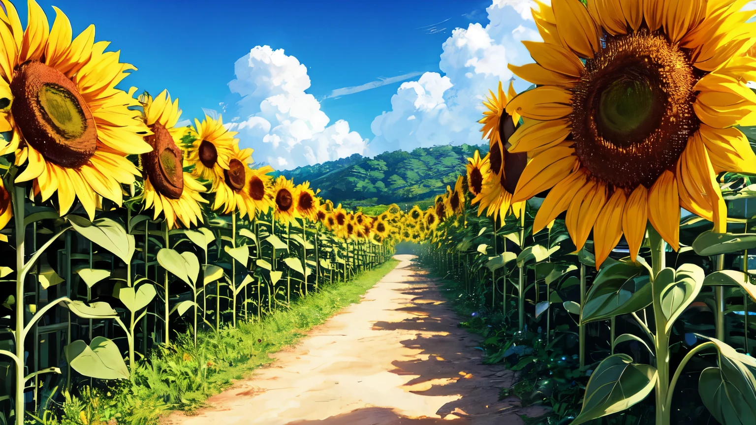 
sunflower field, studio ghibli style calm