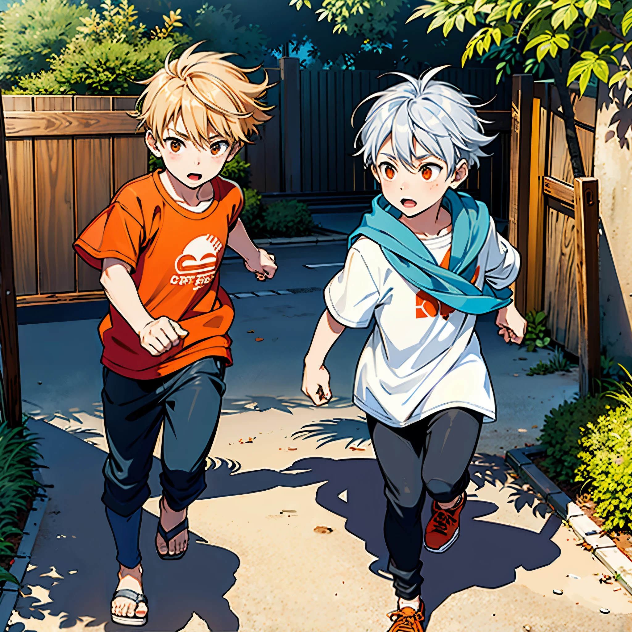 There are two orange and silver haired children running around playing in the park and the beach.