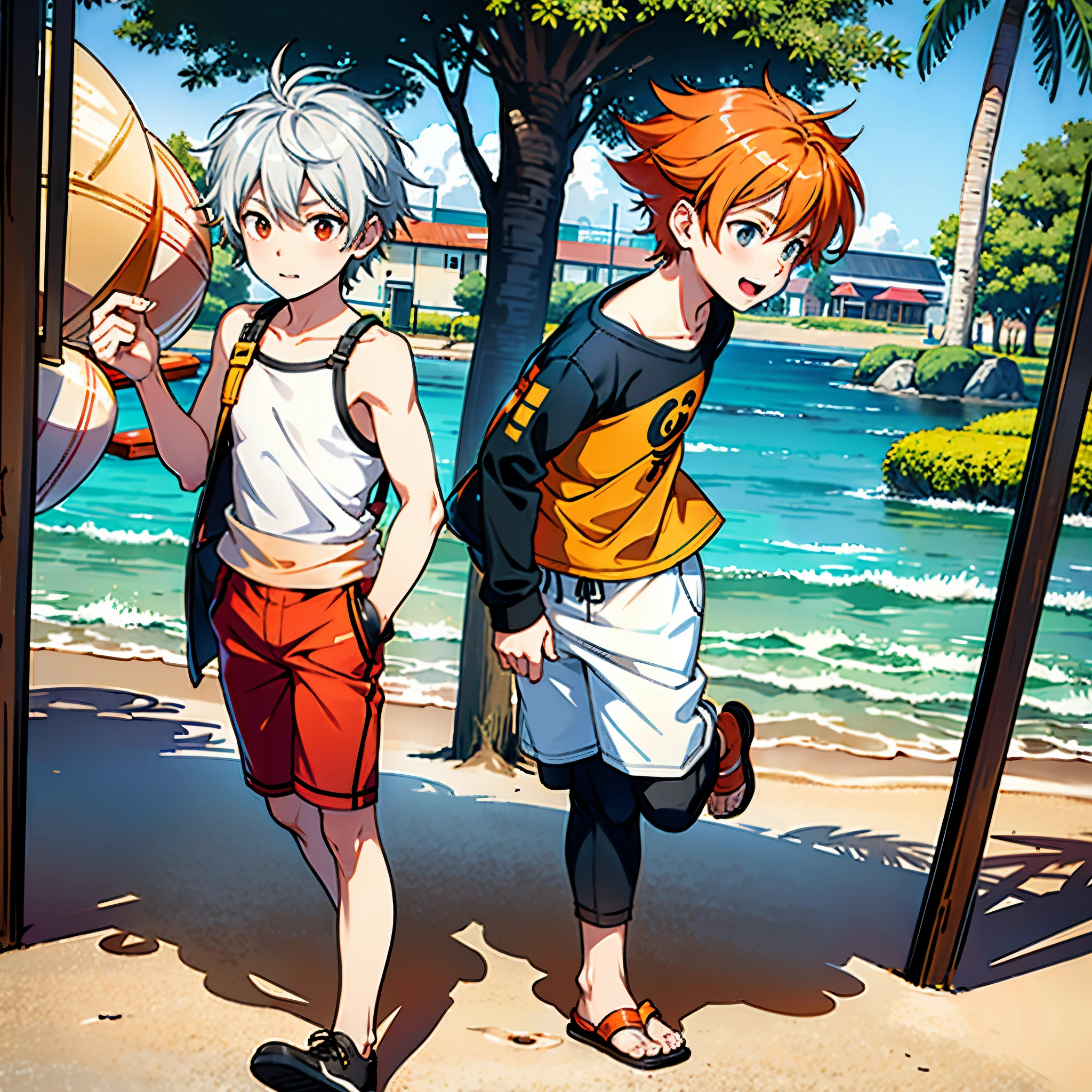 There are two orange and silver haired children running around playing in the park and the beach.