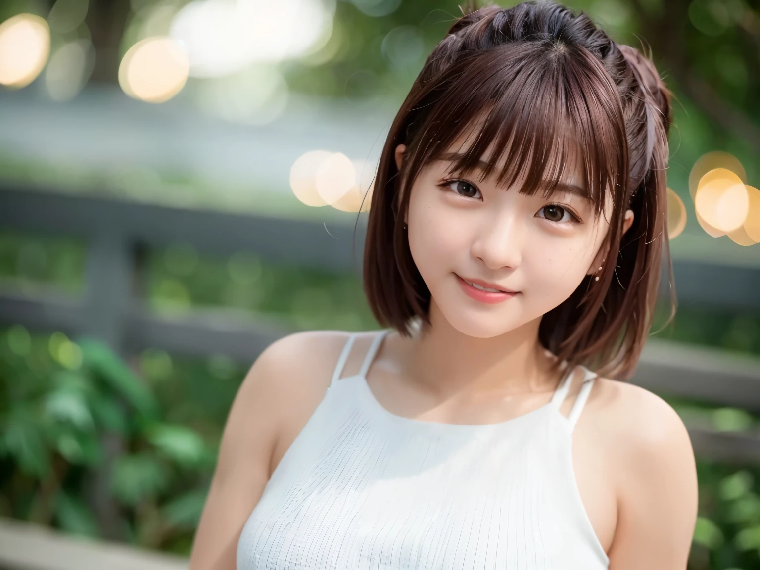 Taiwanese, 1woman, 28 years old, (((woman))), alone, realistic,  highest quality, photorealistic, masterpiece, 8K, High resolution, alone, highly detailed face,  (professional lighting, Bokeh), (particles of light, Lens flare, glowing particles:0.6), (dynamic pose:1.2), soft lighting, Angle seen from above, Fashionable and trendy atmosphere, Japan, stadium, ((daytime)), ((looking at the viewer)), (look at the camera),(portrait:0.6), nice, Are standing, original face, wide shoulders, whole body,  (Medium chest),  (short hair), brown hair, floating hair, lips, lipstick, skin scars, enchanting smile, floating hair, sportswear, uniform, skirt, teeth, 