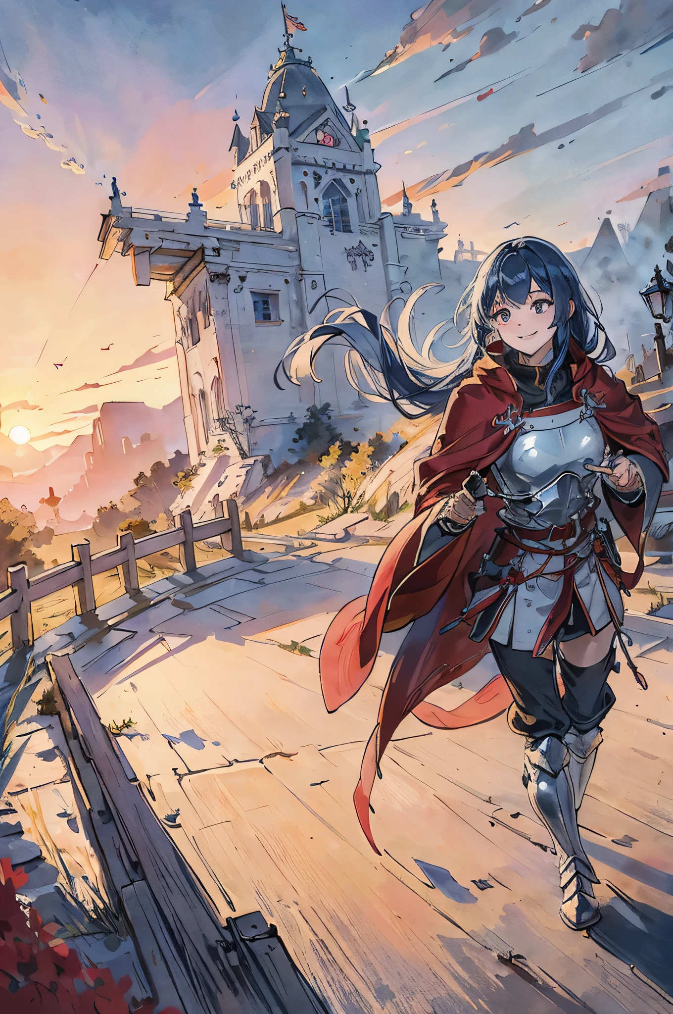 8k wallpaper, masterpiece, movie lighting, medieval setting, Beautiful female knight with long sky blue hair and red eyes walking on a winding road with a smile on her face, sunrise with clear skies background