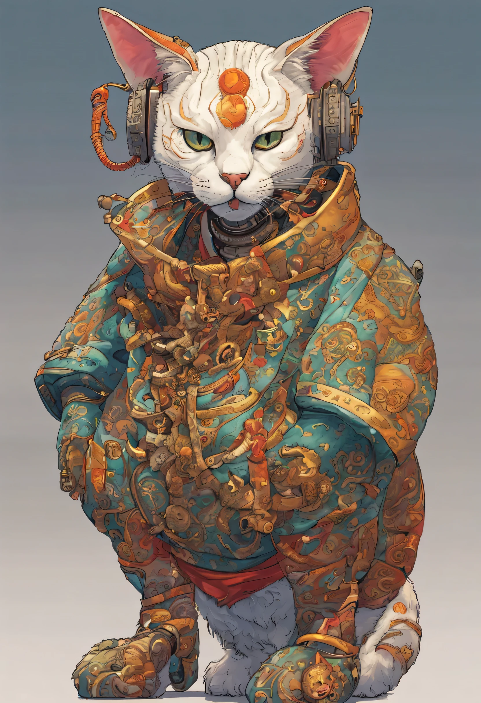 ((alta qualidade)) cyberpunk japanese bobtail cat inspired by the masks of japanese kabuki theater and with mecha pieces detailed in moebius (Jean Giraud) estilo