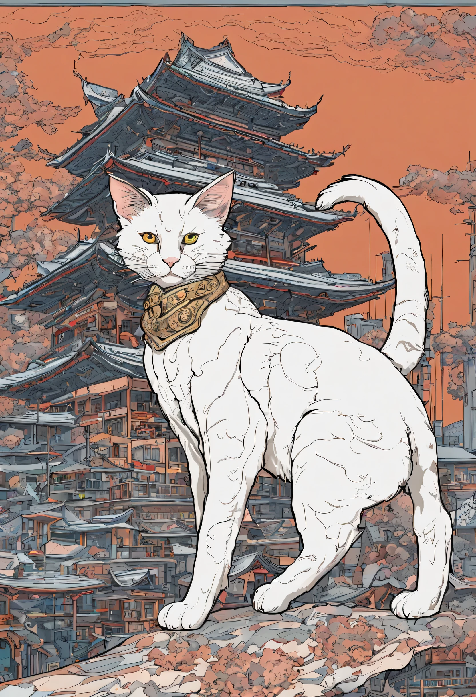 ((alta qualidade)) cyberpunk japanese bobtail cat inspired by the masks of japanese kabuki theater and with mecha pieces detailed in moebius (Jean Giraud) estilo, Not color, apenas lineart