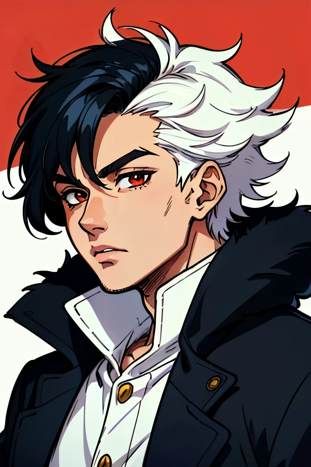 boy, black hair with white streaks, messy hair, red eyes, detailed eyes, black overcoat, cold overcoat, overcoat with white fur, scene without details, simple scene, flat coloring scene, anime, 4k anime, detailed face, detailed eyes, ((melhor qualidade)), ((obra de arte)), (detalhado), rosto perfeito