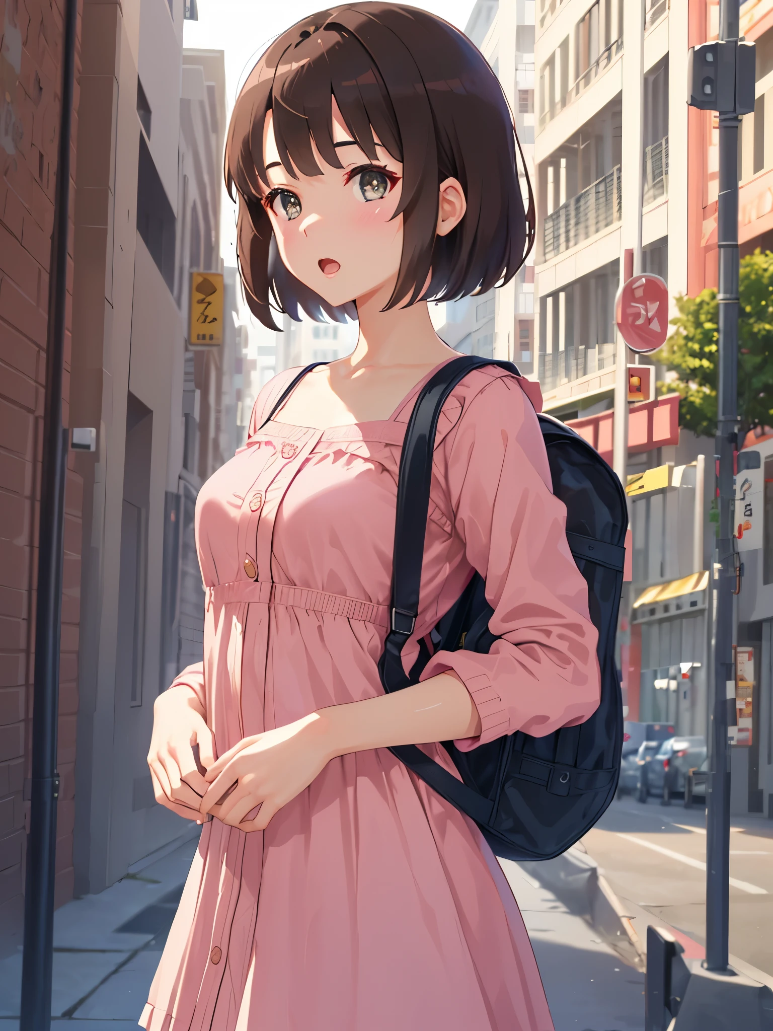 Show your armpits,(masterpiece:1.6, highest quality), (Beautiful detailed eyes: 1.2), ticker_kato, katohdlong, katohd, 1 girl, alone, brown hair, short hair, brown eyes, Backpack, open your mouth, bangs, Shoulder bar
, blush, pink jacket,