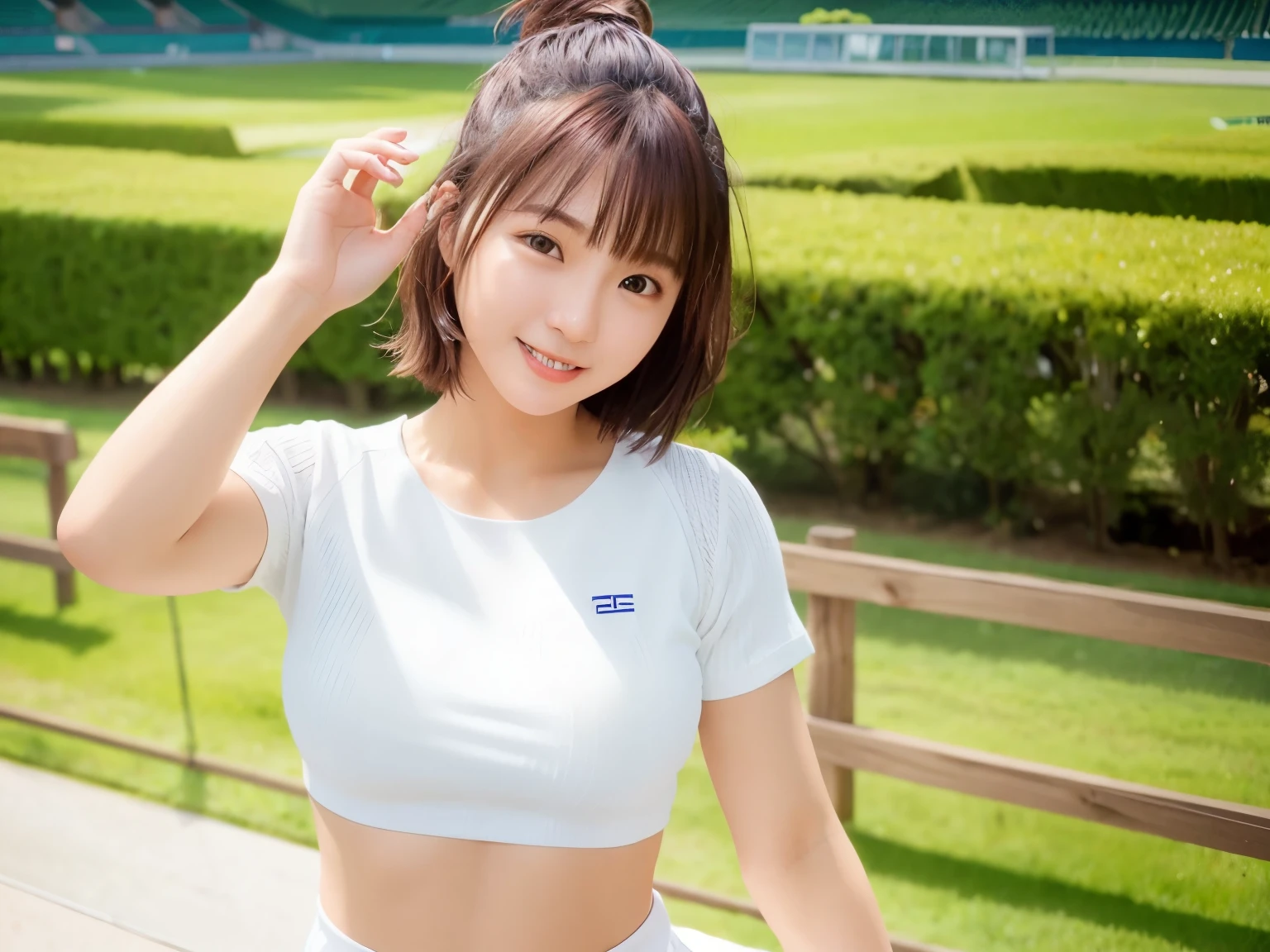 Araffe asian woman in white top and white shorts posing for a picture ...