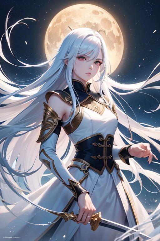 masterpiece, wang lin, best quality, ultra quality, (halfbody, snowfield, moon) loneliness, 1 boy, white hair, fierce eyes, red eyes, epic cultivator, mythological, long white hair, pretty boy, fierce, immortal cultivator, immortal god, immortal with a sword, pretty, super soft lighting, symmetry, complexity, elegance, high detail, realism, art, concept art, anime epic, beautiful scene, epic, ultra, extreme quality, beauty hands, fix hands