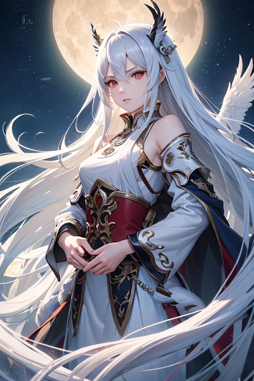 masterpiece, wang lin, best quality, ultra quality, (halfbody, snowfield, moon) loneliness, 1 boy, white hair, fierce eyes, red eyes, epic cultivator, mythological, long white hair, pretty boy, fierce, immortal cultivator, immortal god, immortal with a sword, pretty, super soft lighting, symmetry, complexity, elegance, high detail, realism, art, concept art, anime epic, beautiful scene, epic, ultra, extreme quality, beauty hands, fix hands