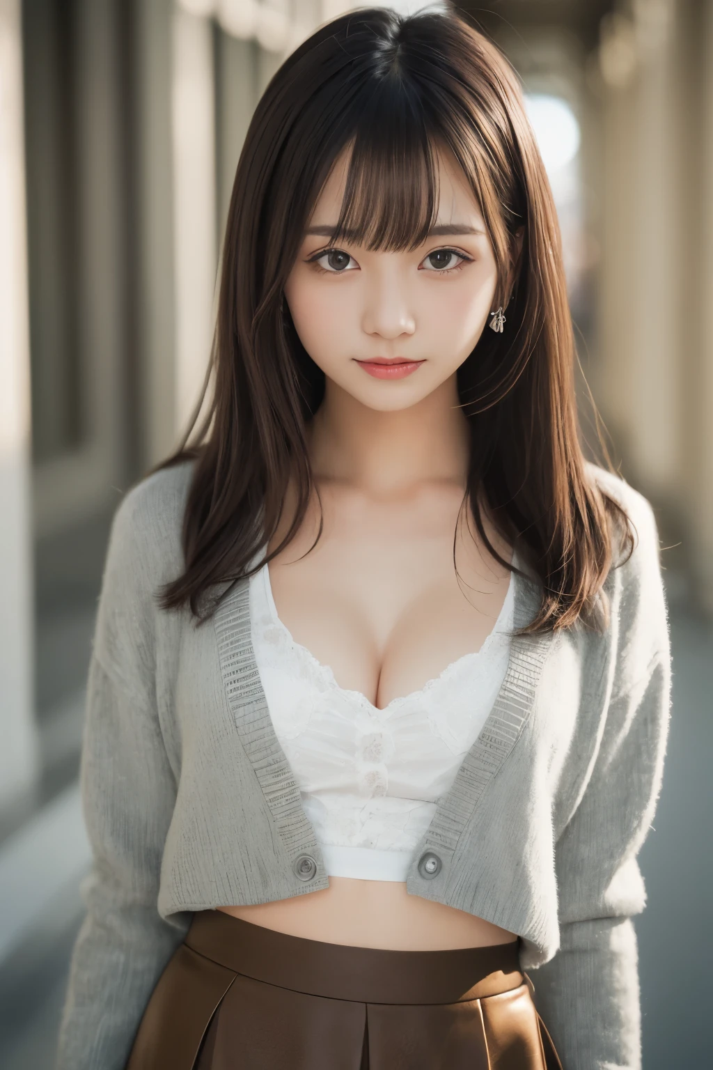 smile、night、RAW photo、(((ultimate beauty portrait)))、((glowing skin))、1 girl、15 year old beautiful girl from Prague、bright look、((brown hair))、(cleavage)、(flare skirt:1.5)、((Big eyes that shine like jewels))、Black Open Cardigan、open your clothes、pantyhose、Glossy, glowing skin、(long hair)、(silky ponytail hair)、(Are standing)、(from below)、under the skirt、(from below下着の接写)、eyeliner、beautiful bangs、hair between eyes、((masterpiece、最high quality、Super detailed、film light、intricate details、High resolution、very detailed))、detailed background、8KUHD、Digital single-lens reflex camera、soft light、high quality、film grain、Fujifilm XT3 、shallow depth of field、natural soft light、Kamimei、rich bust