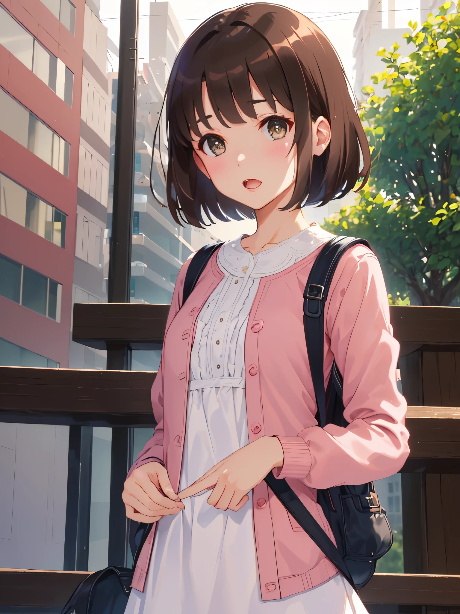 Show your armpits,(masterpiece:1.6, highest quality), (Beautiful detailed eyes: 1.2),  ticker_kato, katohdlong, katohd, 1 girl, alone, brown hair, short hair, brown eyes, Backpack, open your mouth, bangs, Shoulder bar
, blush, pink jacket,