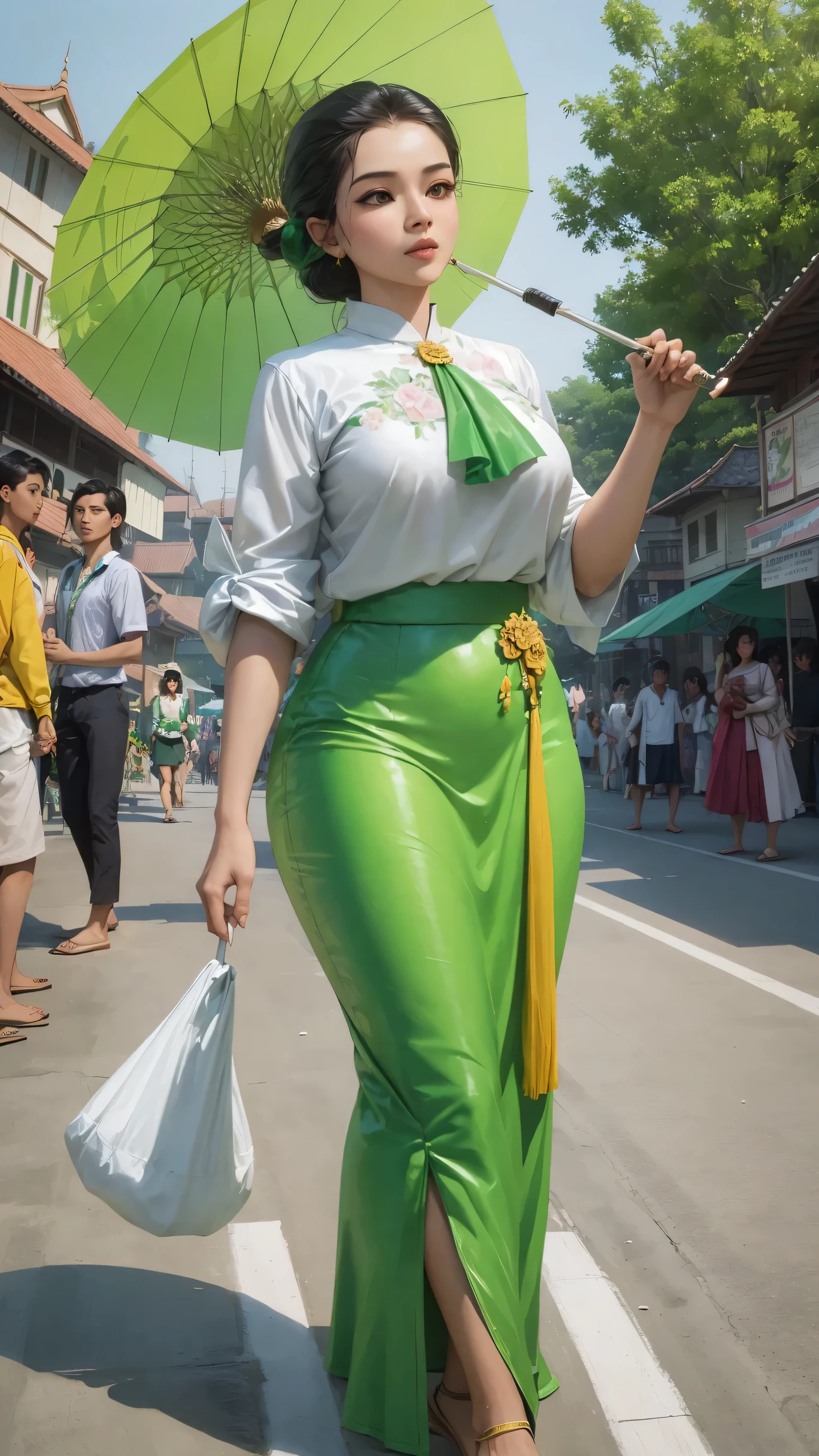 A captivative painting of Myanmar beauty Wearing casual Myanmar green longyi and white blouse, curvy body, perfect boob, sexy posing with a soft green color floral pattern painted Pathein umbrella, walking on the public road, at the square of Myanmar hight school. A comic book illustration