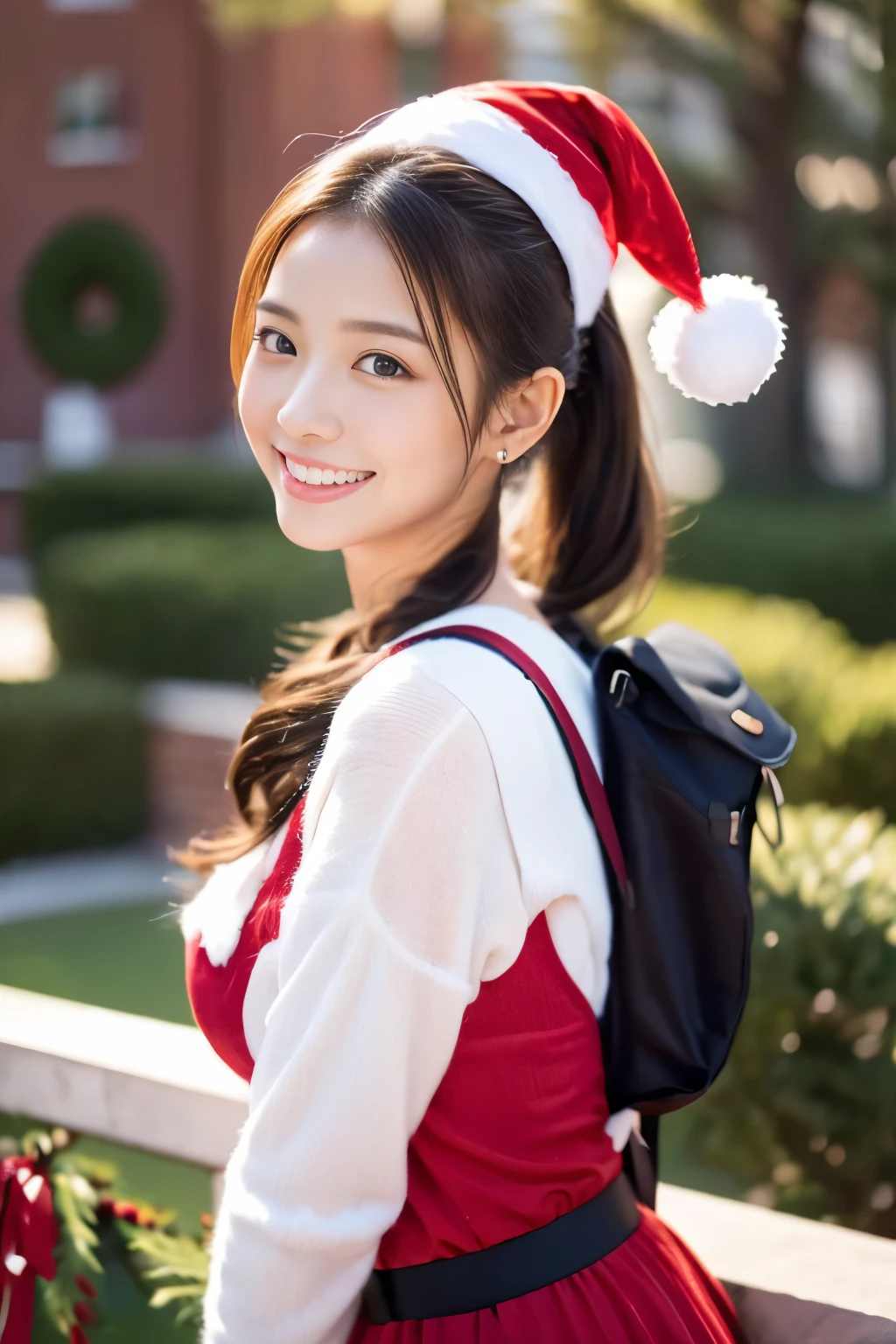 masterpiece、(cute female)、(Ponytail hair)、Age 23 year、(Christmas:1.4)、(Casual wear:1.1)、(Backpack:1.3)、Smiling