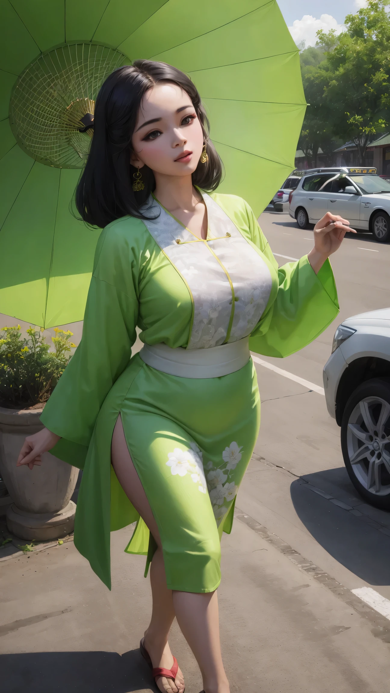 A captivative painting of Myanmar beauty Wearing casual Myanmar green longyi and white blouse, curvy body, perfect boob, sexy posing with a soft green color floral pattern painted Pathein umbrella, walking on the public road, at the square of Myanmar hight school. A comic book illustration