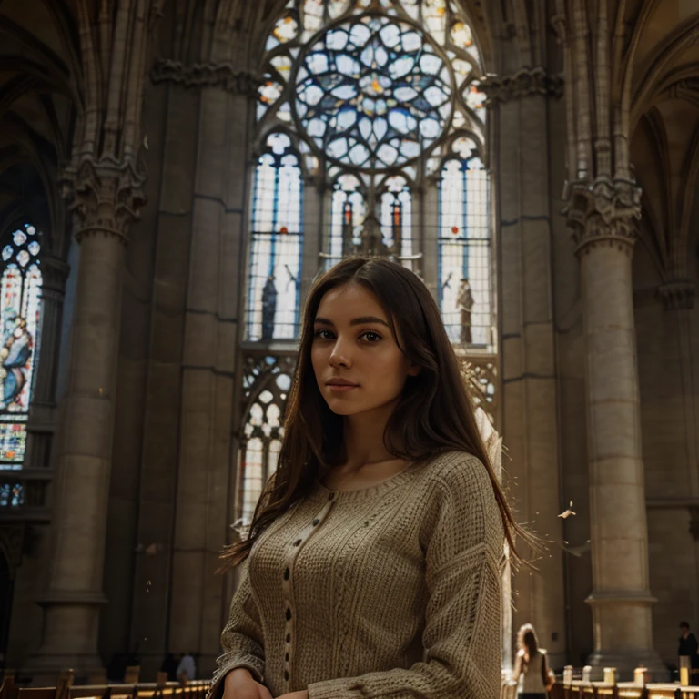 A girl standing near Notre Dame cathedral,beautiful detailed eyes,beautiful detailed lips,extremely detailed eyes and face,longeyelashes,church,gothic architecture,pigeons flying around,grand facade,impressive flying buttresses,statues and gargoyles,rooftop view of Paris,sunlight filtering through stained glass,artists painting the scene,photorealistic architecture,rich textures and details,portraits,Impressionism style,vibrant colors,warm golden sunlight.