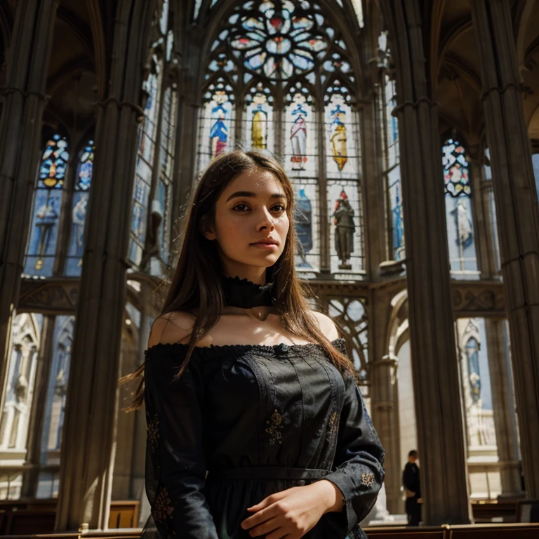 A girl standing near Notre Dame cathedral,beautiful detailed eyes,beautiful detailed lips,extremely detailed eyes and face,longeyelashes,church,gothic architecture,pigeons flying around,grand facade,impressive flying buttresses,statues and gargoyles,rooftop view of Paris,sunlight filtering through stained glass,artists painting the scene,photorealistic architecture,rich textures and details,portraits,Impressionism style,vibrant colors,warm golden sunlight.
