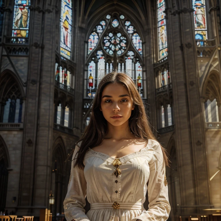 A girl standing near Notre Dame cathedral,beautiful detailed eyes,beautiful detailed lips,extremely detailed eyes and face,longeyelashes,church,gothic architecture,pigeons flying around,grand facade,impressive flying buttresses,statues and gargoyles,rooftop view of Paris,sunlight filtering through stained glass,artists painting the scene,photorealistic architecture,rich textures and details,portraits,Impressionism style,vibrant colors,warm golden sunlight.