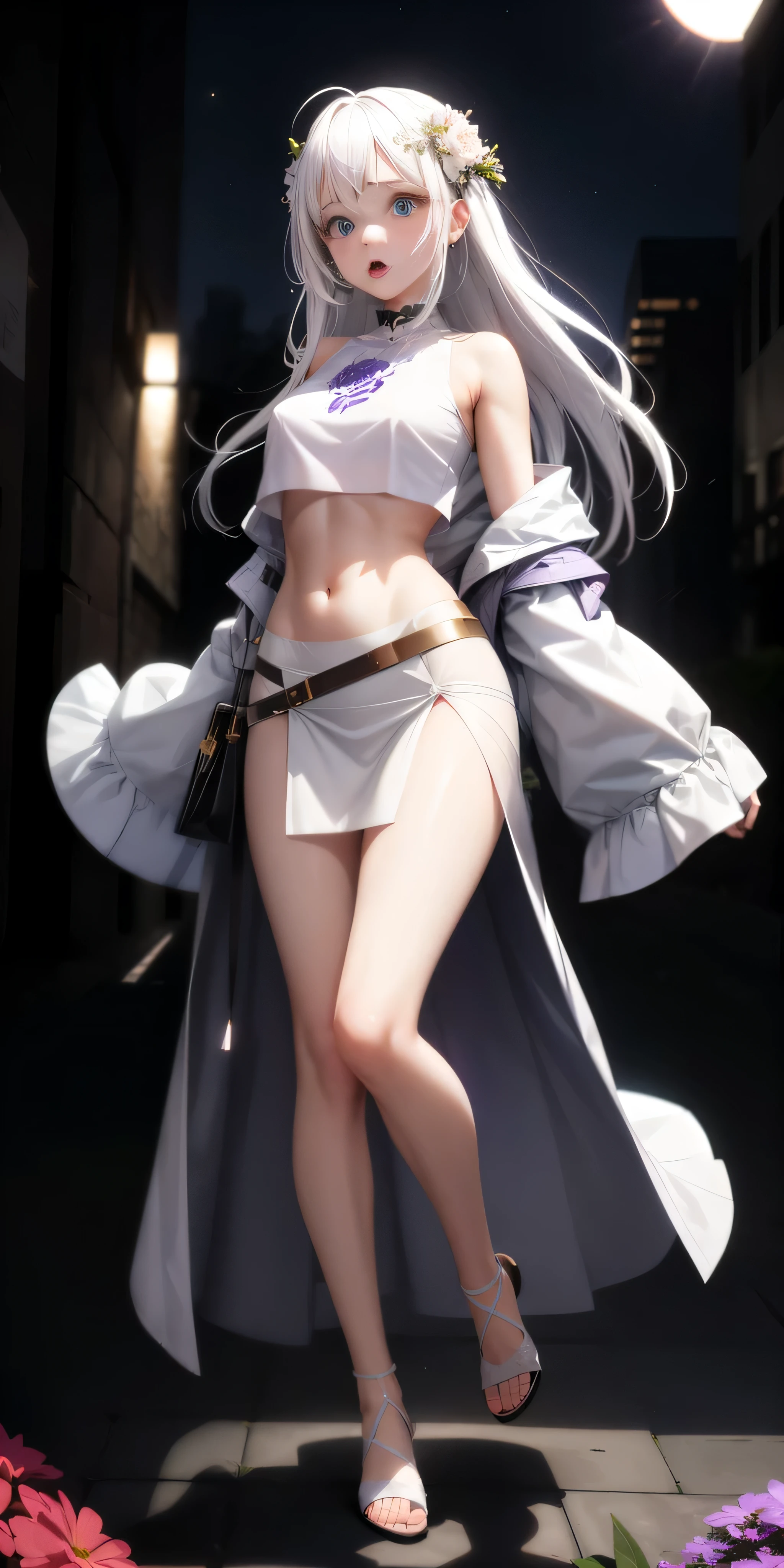 Realistic, 1girl, white hair, purple eyes, glowing eyes, cropped top, skirt, parted lips, blush, night, flowers, sun, sunlight, (NSFW:1.5)
