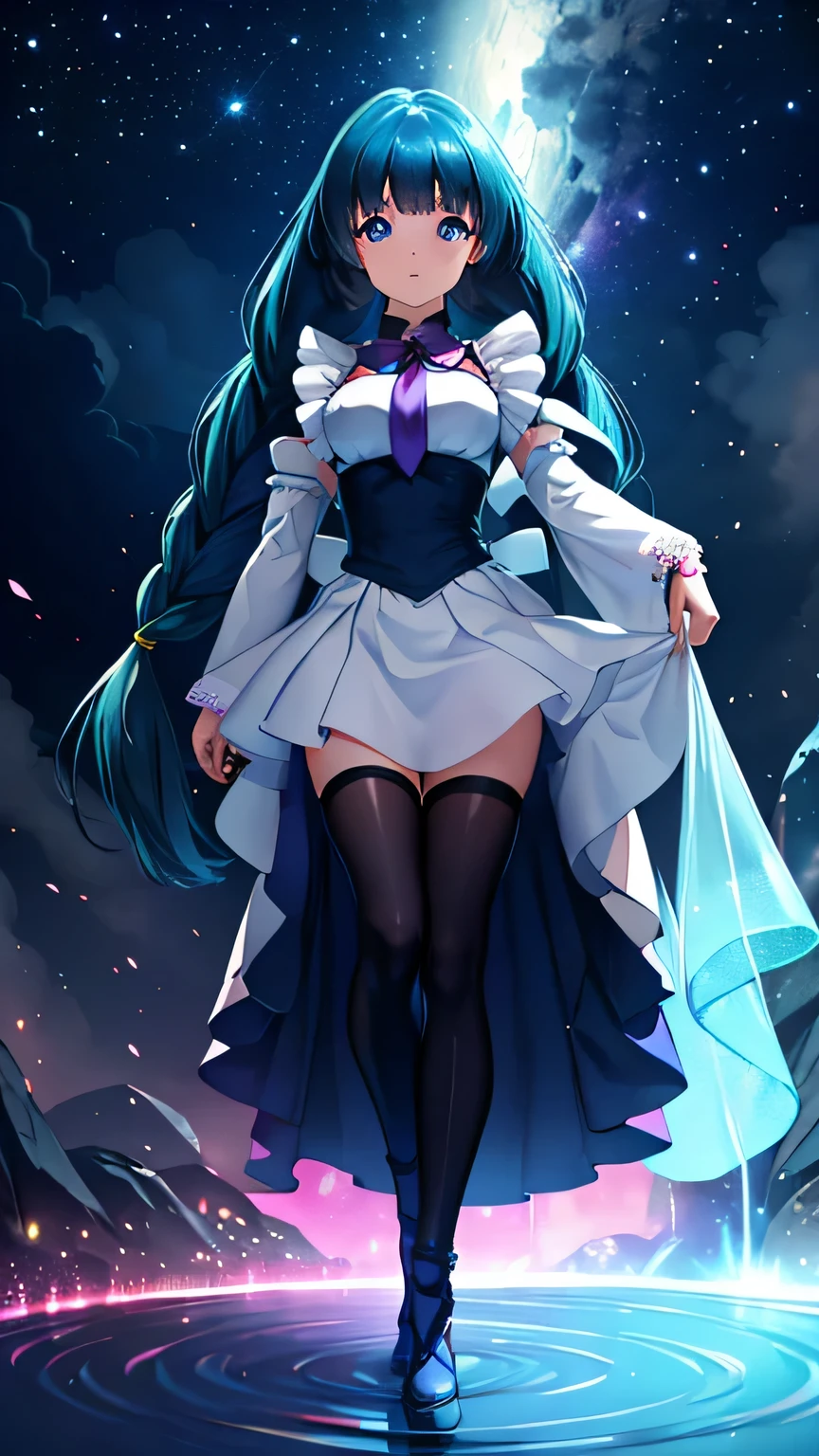 A holographic maid materializes a vision of youth and elegance.. Su cabello azul marino cae como una cascada de medianoche., enmarcando un rostro adornado con ojos fucsias,((perspectiva de cuerpo completo)). Pupilas radiantes, Lleva un uniforme de sirvienta anime hecho a medida en tonos azules., cada lazo blanco un acento delicado. Its beauty transcends the digital realm, y coletas gemelas, Mientras haya rastros de polvo de estrellas, completes its ethereal charm.