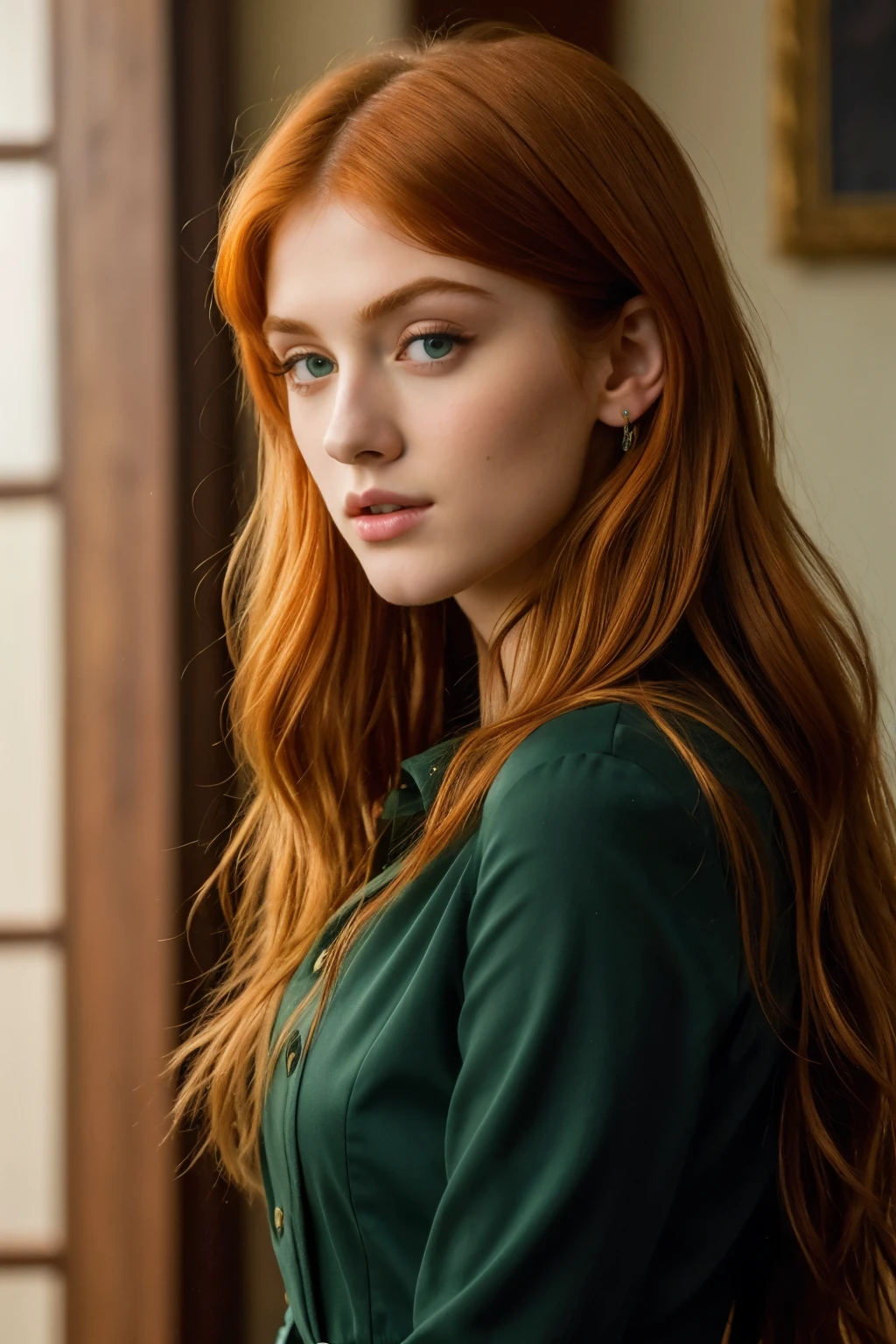 ((best quality)), ((masterpiece)), (detailed), perfect face Katherine McNamara look alike, green eyes, red hair