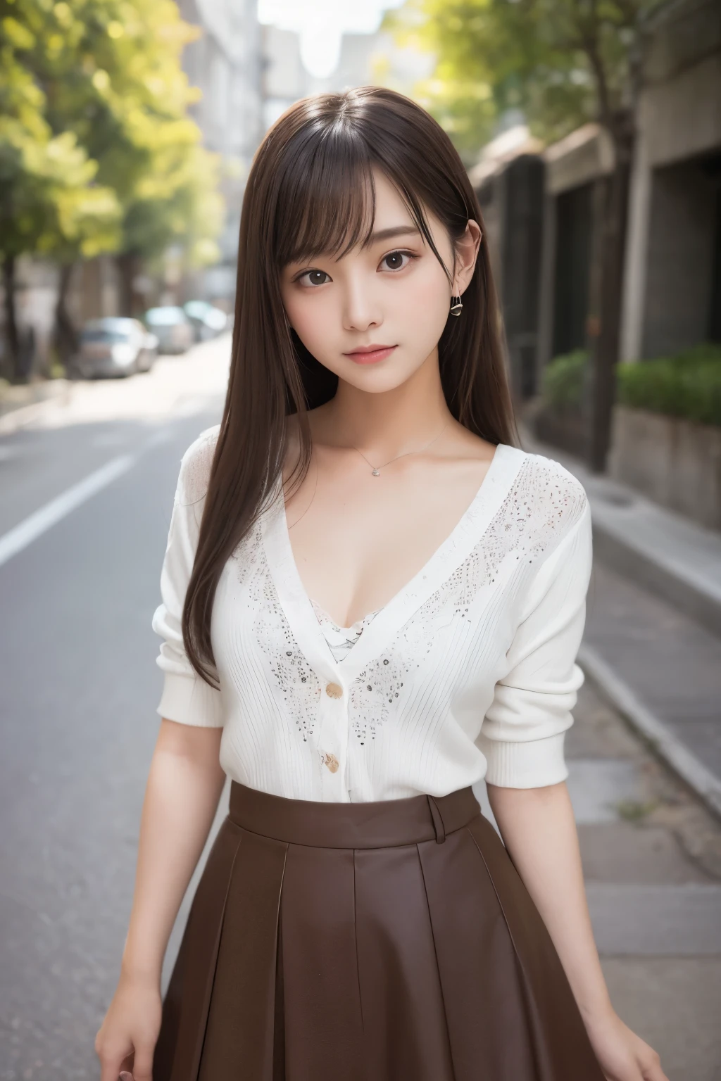 ssmile、natta、Original photography、(((ultimate beauty portrait)))、((glistning skin))、1 girl、Beautiful 15 year old girl from Prague、bright expression、((brown  hair))、(cleavage)、(skirt with frills:1.5)、((Big eyes sparkling like gems))、Cardigan、Open your clothes、lacepantyhose、Glowing and radiant skin、(Medium hair)、(silk ponytail)、(standing)、(from below)、skirts underneath、(Close-up of underwear from below)、eyeline、beautiful bangs、hair between eye、((masterpiece、top-quality、ultra - detailed、cinematic lighitnglamplight、Complicated details、A high resolution、The is very detailed))、background for this、8 kood、Digital SLR、softlighting、high high quality、filmgrain、富士XT3 、shallowdepthoffield、Natural soft light、Shangming、plump bust