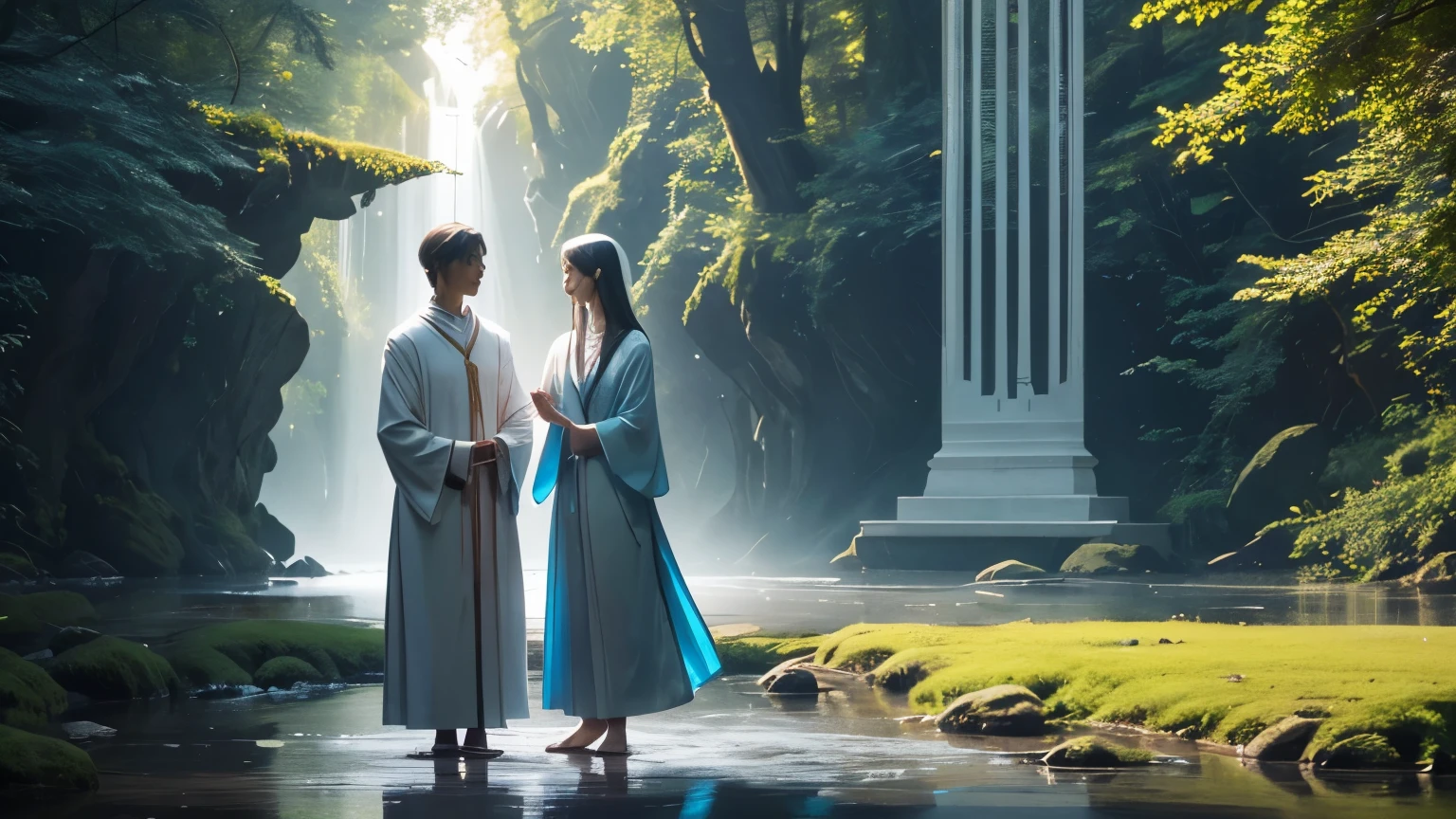 A transparent spirit stands next to an incarnated person, gently placing a hand on the person's shoulder while the person appears lost or confused. The expression of the spirit is serene, conveying comfort and guidance