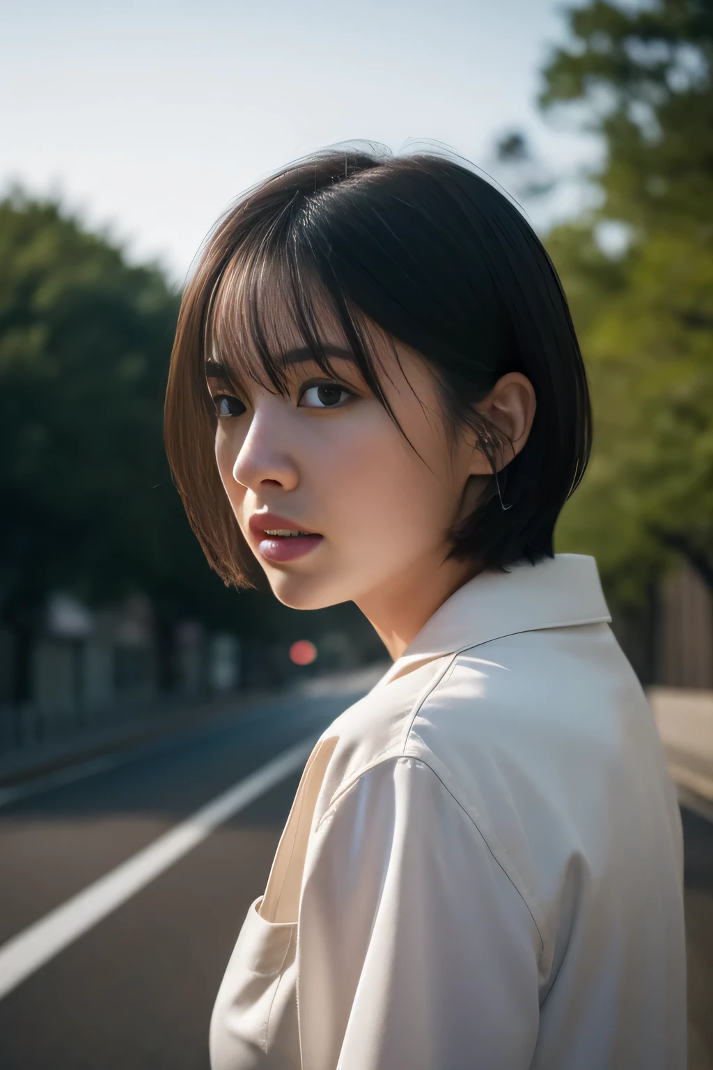 (8K、RAW photo、highest quality、masterpiece:1.2)、(realistic、Photoreal:1.37)、1 girl、（Japanese、beautiful young woman）、career woman、short hair、dark grey HAIR、black eye、Rugged face、white shirt、Jacket、((Female version of Dirty Harry))、have a handgun、Hunt down suspects、Japan drama、close-up of woman、Wet、professional lighting、photon mapping、radio city、Physically based rendering、Tense situation、on the road、cinematic pictures、