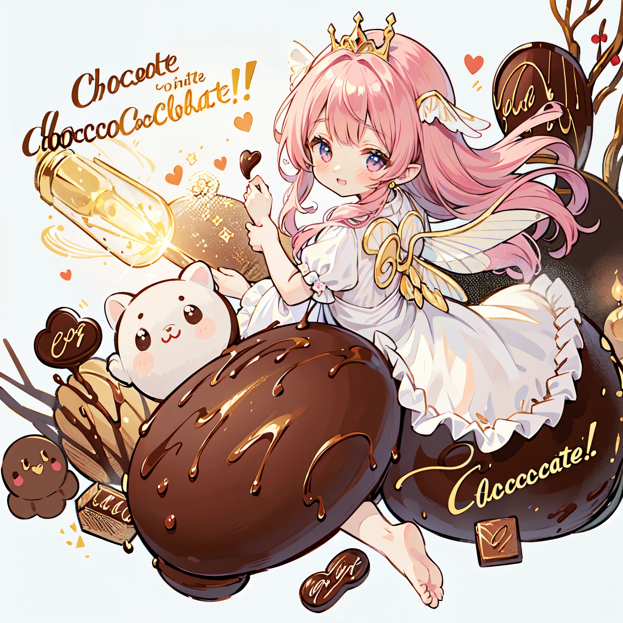 best quality,insanely detailed,beautiful,exquisite,16K,Full-HD,absurdres,((white background)),golden ratio,((((妖精がchocolateを作っている:1.2)))),pastel colour,front,chocolate,smile,happiness,make your cheeks red,Big eyes,chocolateイメージした大きくて美しいドレス,Wooden kitchen,Intricate billowing ball gown with ruffles, lace and rhinestones,Heart mark dancing, ((Huge beautiful fairy wings grow out of her back.)),gradient hair, golden hair, hair in the wind, wavy hair,fluffy hair,tiara,earrings,long eyelashes, light pink blush,pointed ears, golden hour,(fantasy-inspired), (warm lighting),