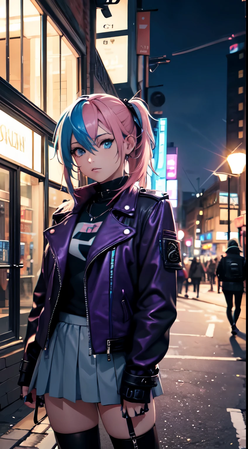 nigth scene in london streets, blue, grey, violet, orange, palette, girl with pink hair and black leather punk jacket, muted colors with, turquesse and rim ligths, 2d colors