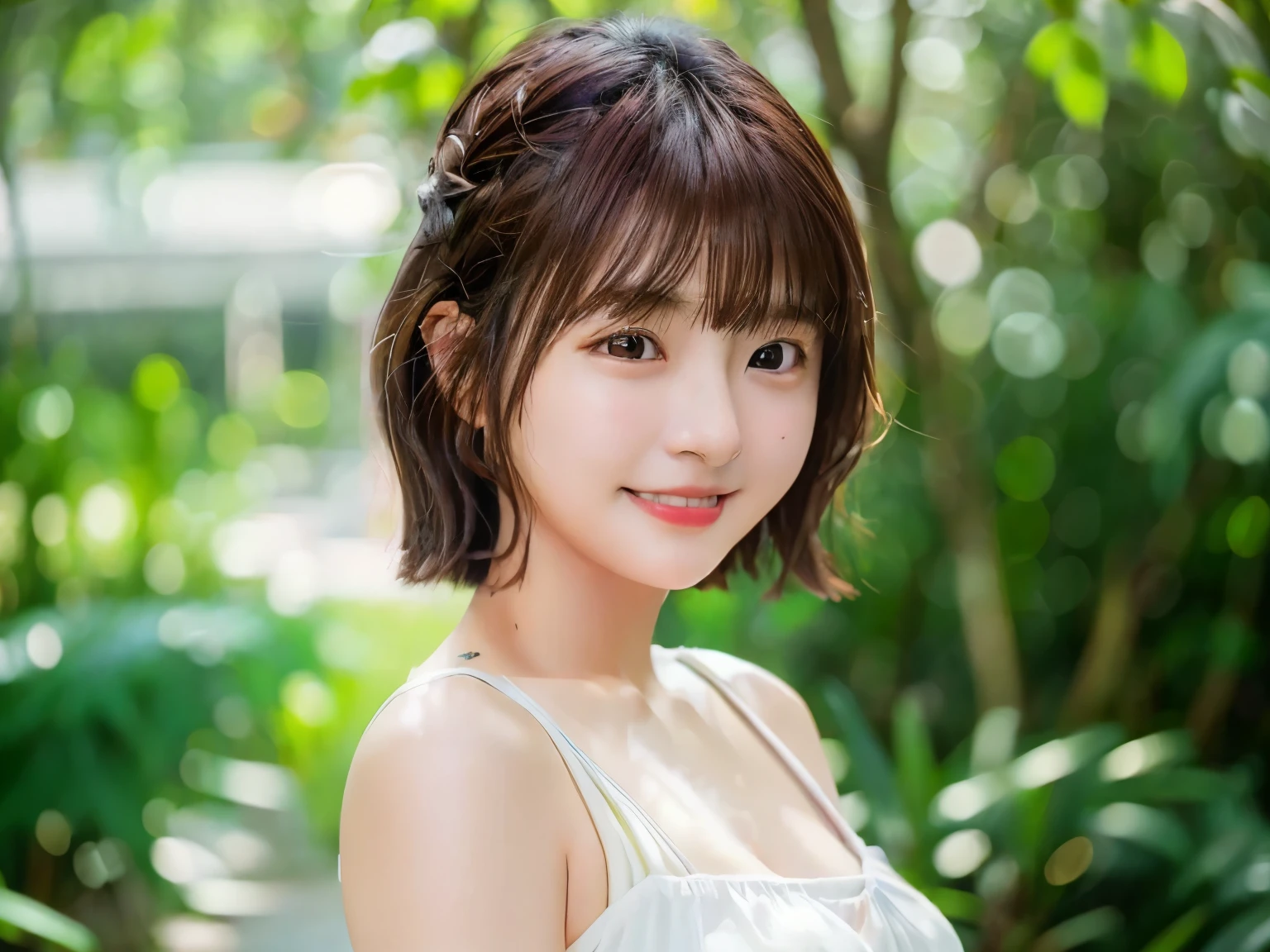 Taiwanese, 1woman, , (((woman))), alone, realistic,  highest quality, photorealistic, masterpiece, 8K, High resolution, alone, highly detailed face,  (professional lighting, Bokeh), (particles of light, Lens flare, glowing particles:0.6), (dynamic pose:1.2), soft lighting, Angle seen from above, Fashionable and trendy atmosphere, Japan, ((daytime)), ((looking at the viewer)), (look at the camera),(portrait:0.6), nice, Are standing, original face, broad shoulders, whole body,  Esmanium,  (short hair), brown hair, floating hair, lips, lipstick, skin scars, enchanting smile, floating hair, Summer One Piece, teeth, 