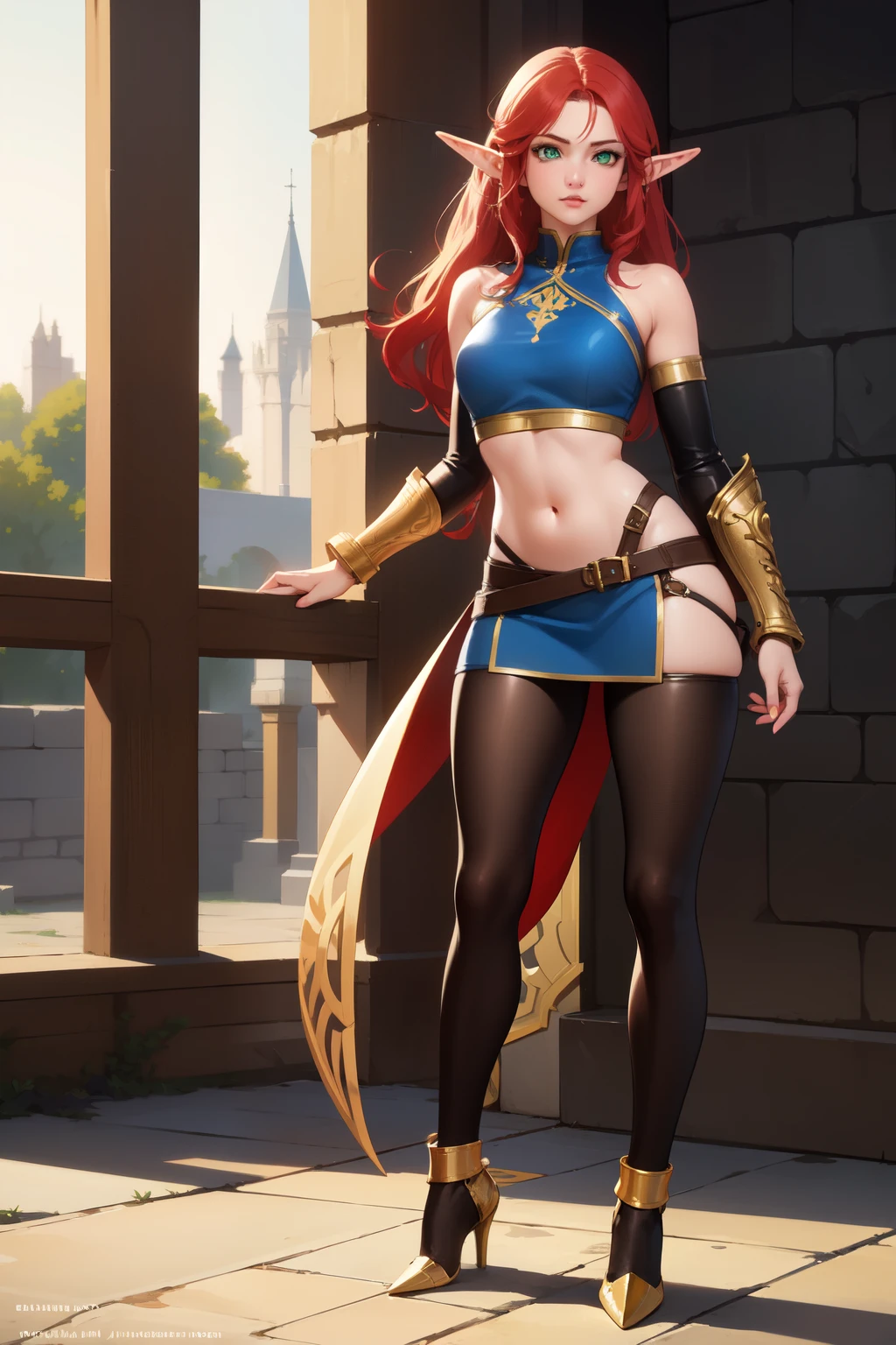 a woman in a red and blue outfit holding a knife, snow white as a d & d fighter, as a retro futuristic heroine, full body concept, as a retrofuturistic heroine, katana zero video game character, knights of zodiac girl, lady in red armor, female archer, she-ra, she - ra, natalie from epic battle fantasy, bikini-armor, leotard, bare legs, red hair, hazel eyes, serious, bats, castle, dark horror atmosphere