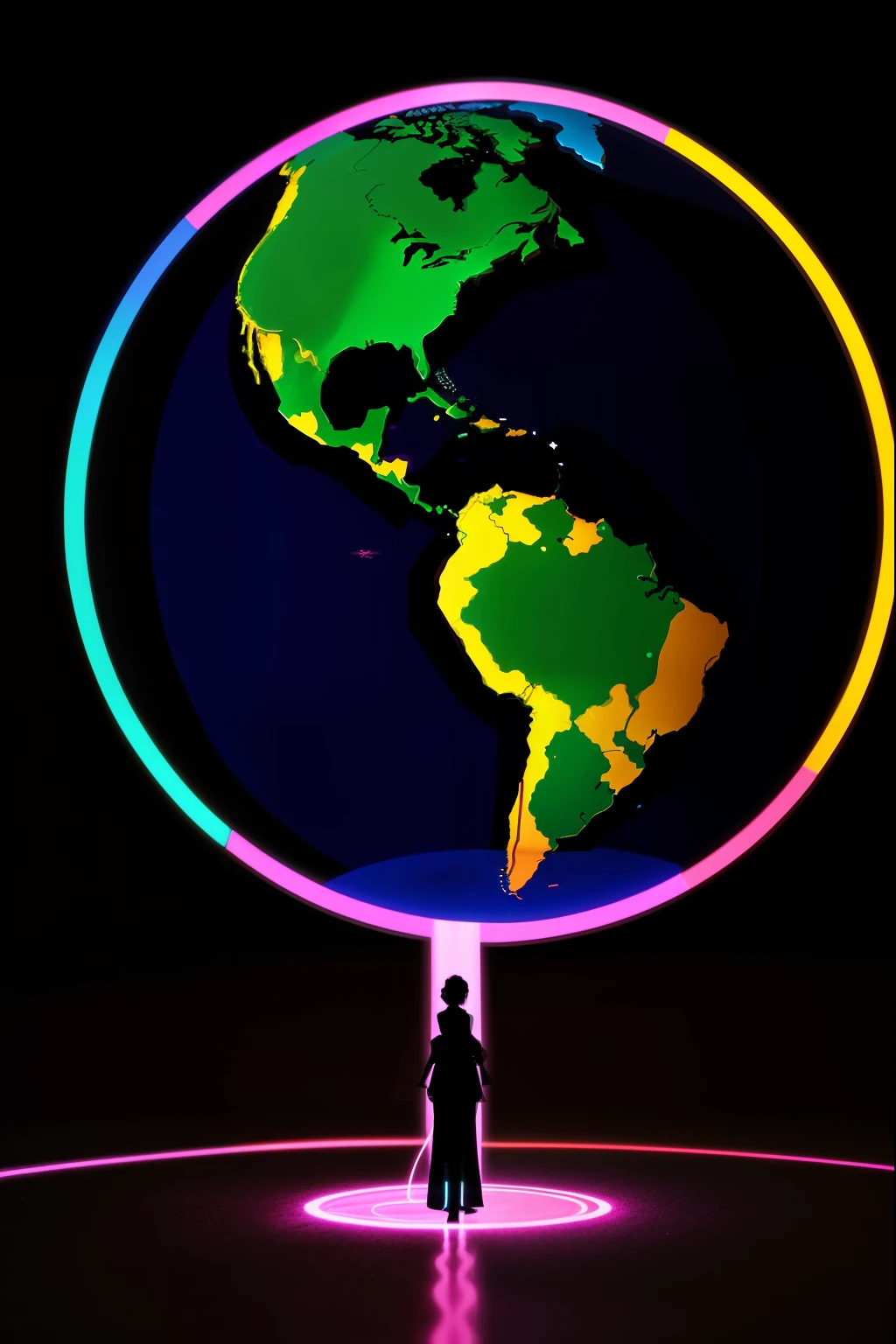 a symbol logo. ,Africa woman globe shaped african pattern ((Ultra long exposure photography)) alta qualidade, altamente detalhada, colorida, beautiful silhouette of neon dots, bela silhueta, electronic devices like a very light gray PC in the background, por yukisakura, altamente detalhado,