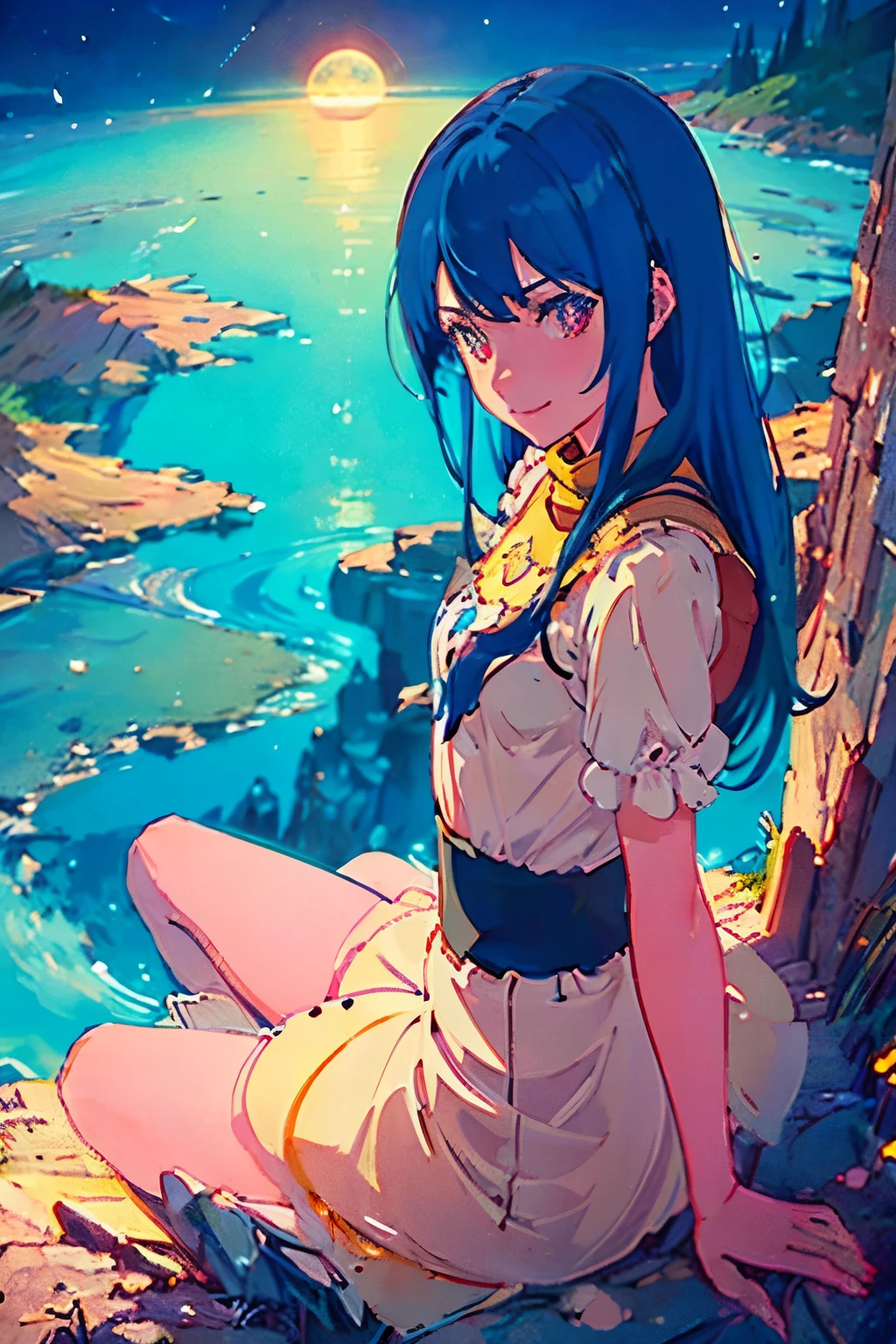 8k wallpaper, masterpiece, movie lighting, medieval setting, Beautiful female knight with long sky blue hair and red eyes walking on a winding road with a smile on her face, sunrise with clear skies background, Masterpiece, two characters, sitting atop a green hill, gazing at a full moon with pink heart-shaped craters, adorable digital painting, cute and detailed digital art, digital anime illustration, captivating depiction of a boy and girl, by the hands of Cyril Roland and Goro Fujita, or Lois van Baarle and Rossdraws, brimming with charm and intricacy, high resolution, sharp focus, soft shading, darling expressions, heartwarming scene, under the star-lit sky, expansive foreground, vibrant palette, enchanting art style. ((masutepiece)),((Best Quality)),Ultra-detailed,illustratio,explicit,Beautiful body,Beautiful nose,Beautiful character design,Perfect eyes,Perfect face,Wallpaper,超A high resolution, 4K,Photography,(Beautiful,Small breasts:1.5),(Beautiful face:1.2),Beautiful legs, Mayu Sakuma, Shiny skin,anime screen cap,official style, 1girl in, Solo, arrogant smile, Sunnyday,Daytime, Looking at Viewer, POV, Detailed eyes, Complex hairstyle、drooing eyes、princess dress, wide eyed, Crazy smile, Empty eyes, POV cowgirl, Sweat, flying sweatdrops,



