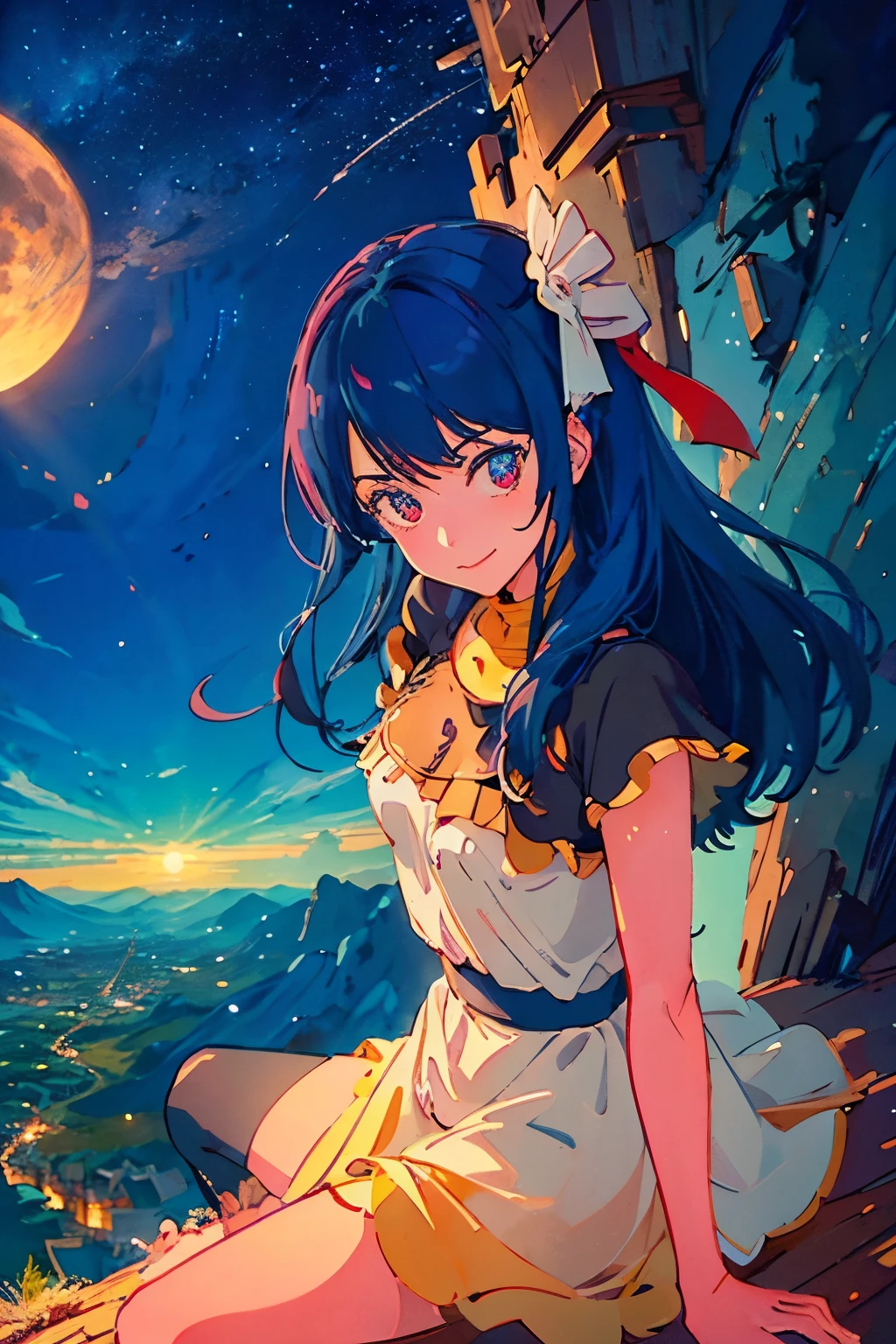 8k wallpaper, masterpiece, movie lighting, medieval setting, Beautiful female knight with long sky blue hair and red eyes walking on a winding road with a smile on her face, sunrise with clear skies background, Masterpiece, two characters, sitting atop a green hill, gazing at a full moon with pink heart-shaped craters, adorable digital painting, cute and detailed digital art, digital anime illustration, captivating depiction of a boy and girl, by the hands of Cyril Roland and Goro Fujita, or Lois van Baarle and Rossdraws, brimming with charm and intricacy, high resolution, sharp focus, soft shading, darling expressions, heartwarming scene, under the star-lit sky, expansive foreground, vibrant palette, enchanting art style. ((masutepiece)),((Best Quality)),Ultra-detailed,illustratio,explicit,Beautiful body,Beautiful nose,Beautiful character design,Perfect eyes,Perfect face,Wallpaper,超A high resolution, 4K,Photography,(Beautiful,Small breasts:1.5),(Beautiful face:1.2),Beautiful legs, Mayu Sakuma, Shiny skin,anime screen cap,official style, 1girl in, Solo, arrogant smile, Sunnyday,Daytime, Looking at Viewer, POV, Detailed eyes, Complex hairstyle、drooing eyes、princess dress, wide eyed, Crazy smile, Empty eyes, POV cowgirl, Sweat, flying sweatdrops,



