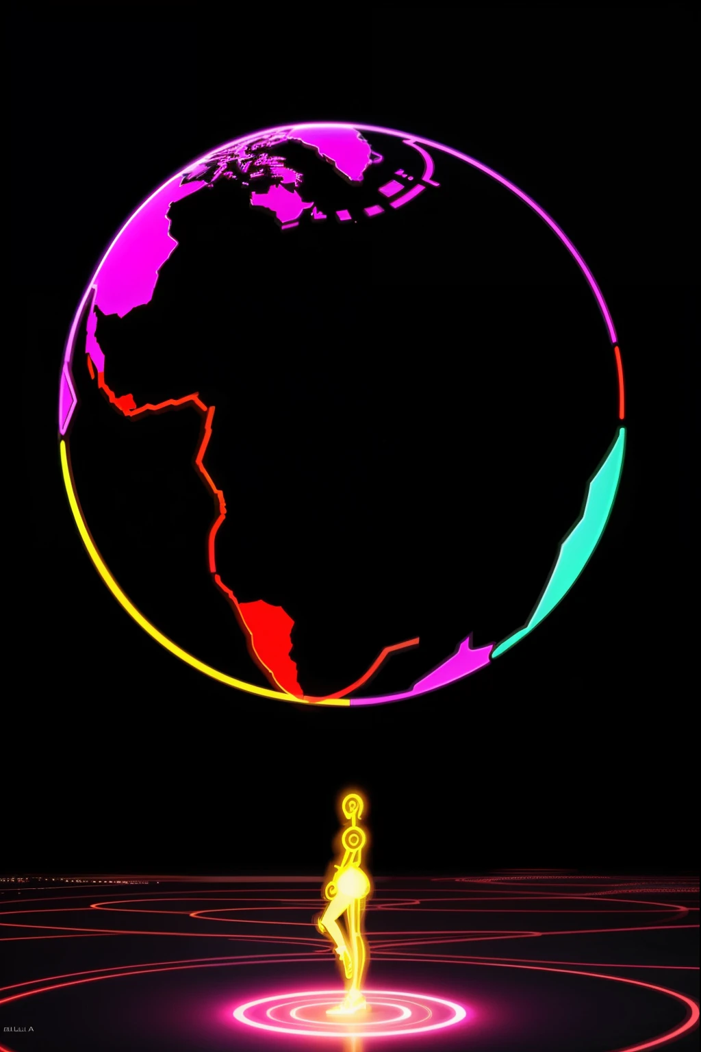 a symbol logo. ,Africa woman globe shaped african pattern ((Ultra long exposure photography)) alta qualidade, altamente detalhada, colorida, beautiful silhouette of neon dots, bela silhueta, electronic devices like a very light gray PC in the background, por yukisakura, altamente detalhado,

