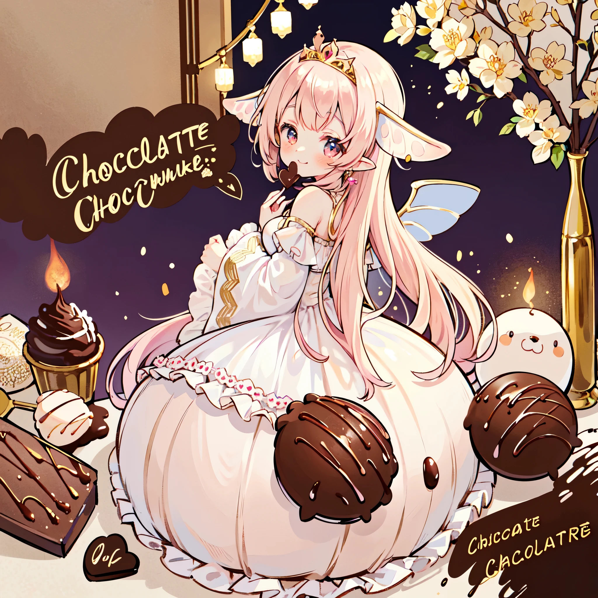 best quality,insanely detailed,beautiful,exquisite,16K,Full-HD,absurdres,((white background)),golden ratio,((((妖精がラッピングされたchocolateを恥ずかしそう抱えている:1.8)))),pastel colour,front,chocolate,smile,happiness,make your cheeks red,Big eyes,chocolateイメージした大きくて美しいドレス,Wooden kitchen,Intricate billowing ball gown with ruffles, lace and rhinestones,Heart mark dancing, ((Huge beautiful fairy wings grow out of her back.)),gradient hair, golden hair, hair in the wind, wavy hair,fluffy hair,tiara,earrings,long eyelashes, light pink blush,pointed ears, golden hour,(fantasy-inspired), (warm lighting),