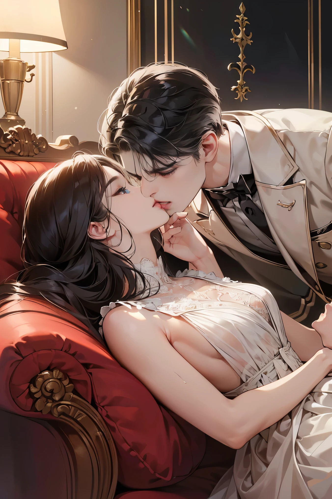 (Tabletop, digital art, digital illustration, 4K, 8K, highly detailed, beautiful photos, sharp images, realistic, RAW photos, perfect face, perfect lines, perfect eyes, soft lighting), Imperial Hotel, on a sofa, (man kissing a woman in formal dress), kiss, kiss, press your lips.