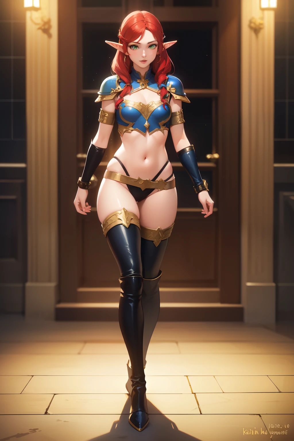 ((best quality)), ((masterpiece)), (detailed), full body, perfect face, Katherine McNamara look alike, Katherine McNamara, green eyes, red hair, Elf ears, skin tight leather armor, midriff, straps, daggers, golden bracers, DND, Character, Katherine McNamara, elven, elves, elf, sexy, thigh high boots,
