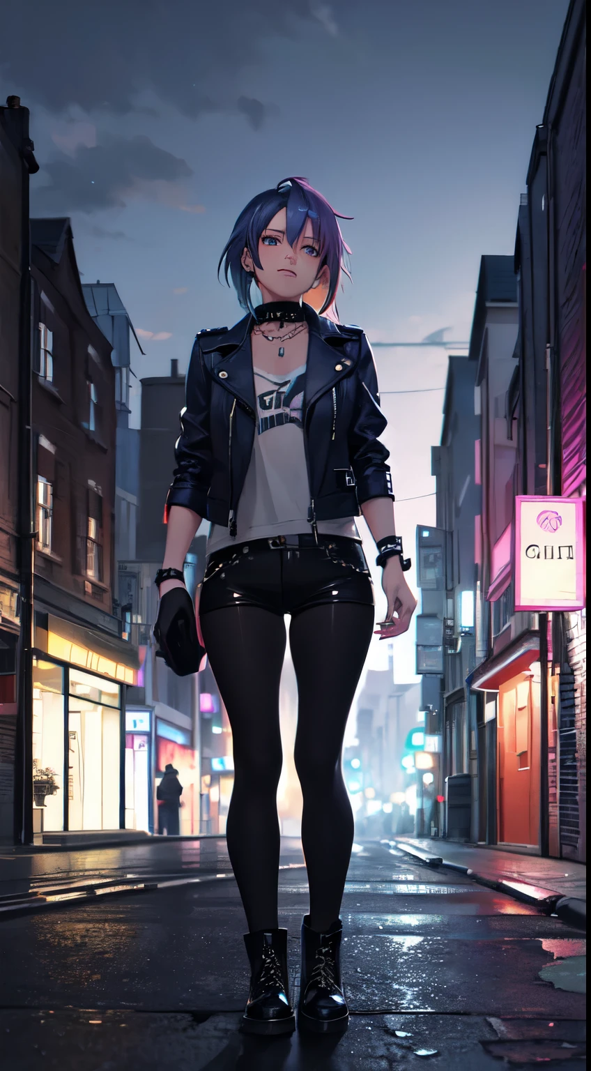 nigth scene in london streets, blue, grey, violet, orange, palette, girl with pink hair and black leather punk jacket, muted colors with, turquesse and rim ligths, 2d colors
